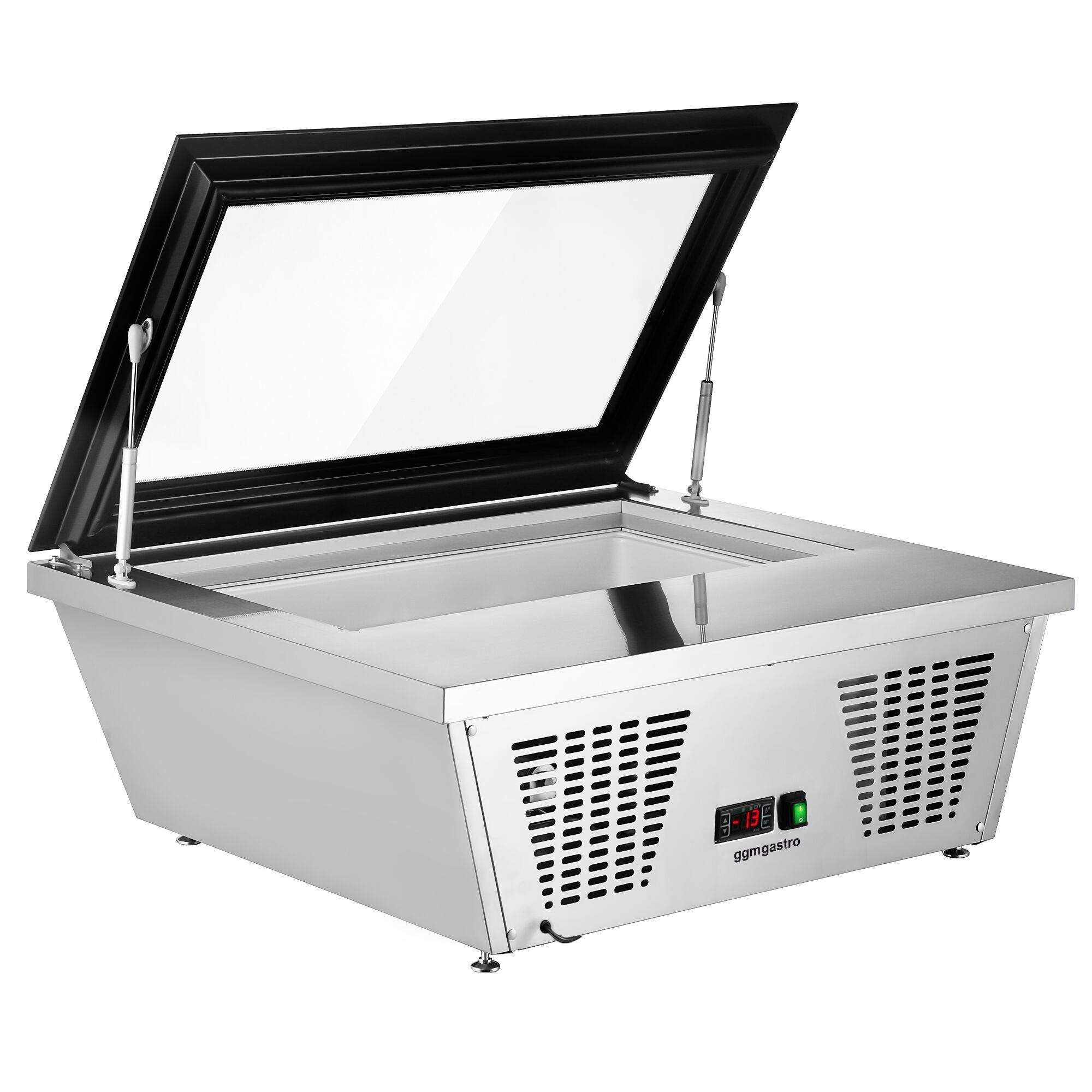 Vitrine à glaces à poser - 867mm - Froid statique - Couvercle vitré basculant - avec éclairage LED - pour 4 bacs de 5 L - Côté service