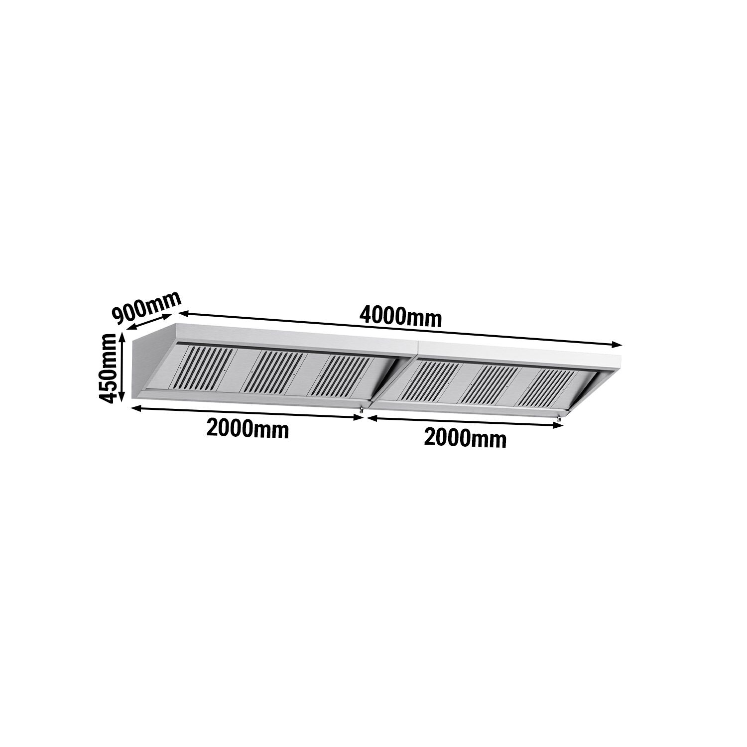 Commercial Wall-Mounted Extraction Canopy - 4000mm - with Baffle Filters & LED Lighting