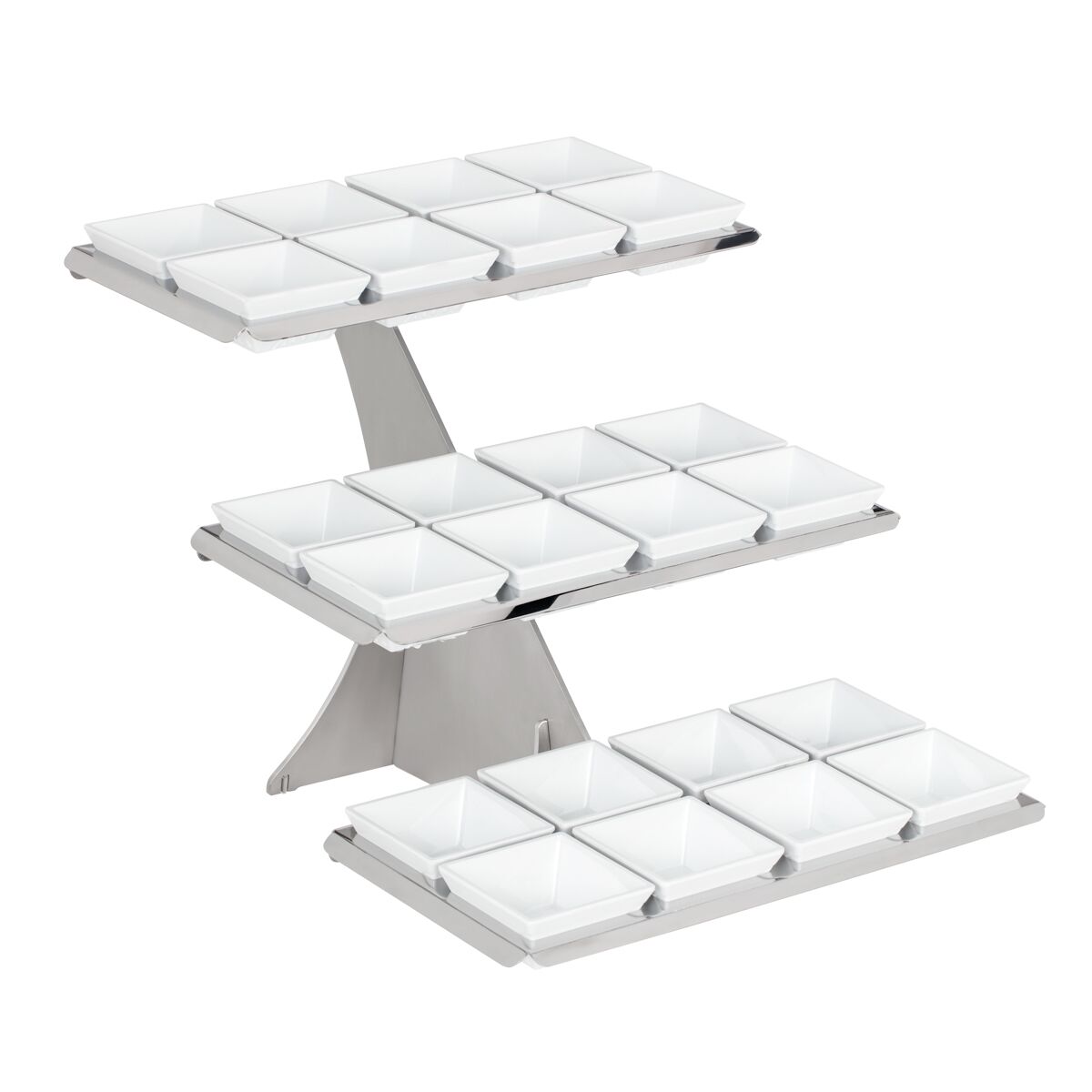Etagere / Buffet Stand - Stainless steel frame - Chrome - square - Height: 420mm - incl. 24 Melamine bowls 100x100mm - with 3 shelves