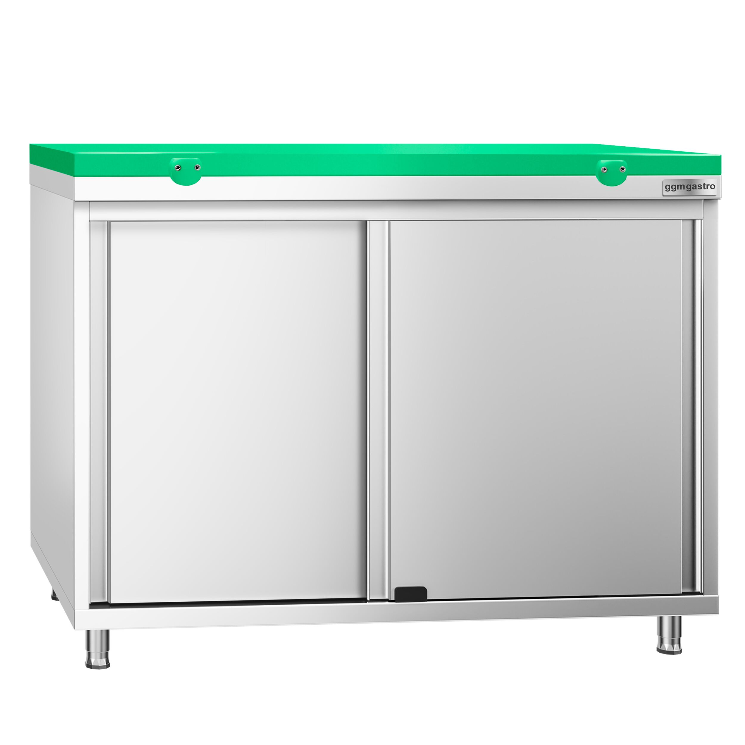 Table armoire en acier inoxydable PREMIUM - 1000x700mm - avec portes coulissantes - pour fruits et légumes - incl. plateau de découpe Vert PEHD (HACCP)