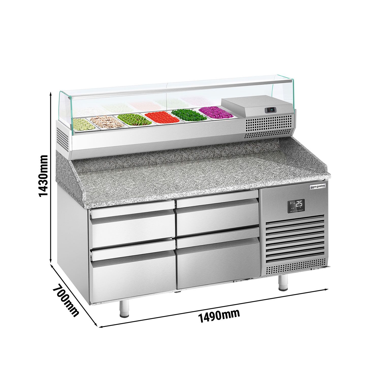 Table réfrigérée à pizza Premium PLUS - 1490x700 mm - avec 4 tiroirs - incl. vitrine réfrigérée - 6x GN 1/4