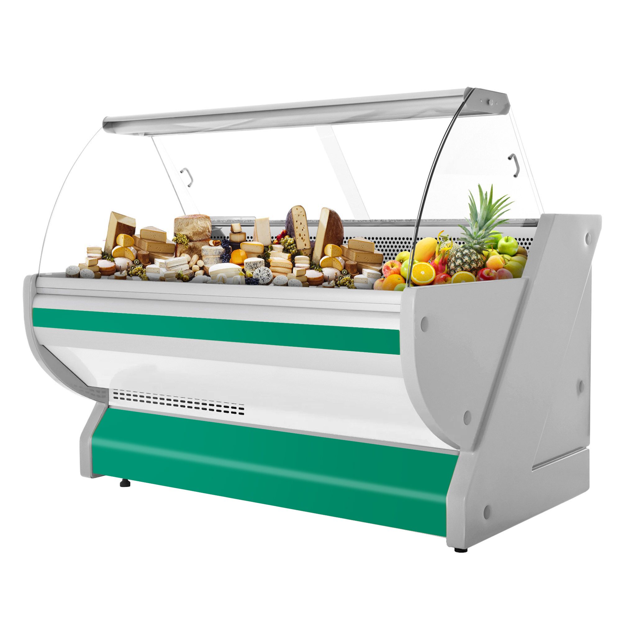 Serve Over Counter - 2025x1150mm - granite worktop - green front - capacity 400 litres - curved front glass