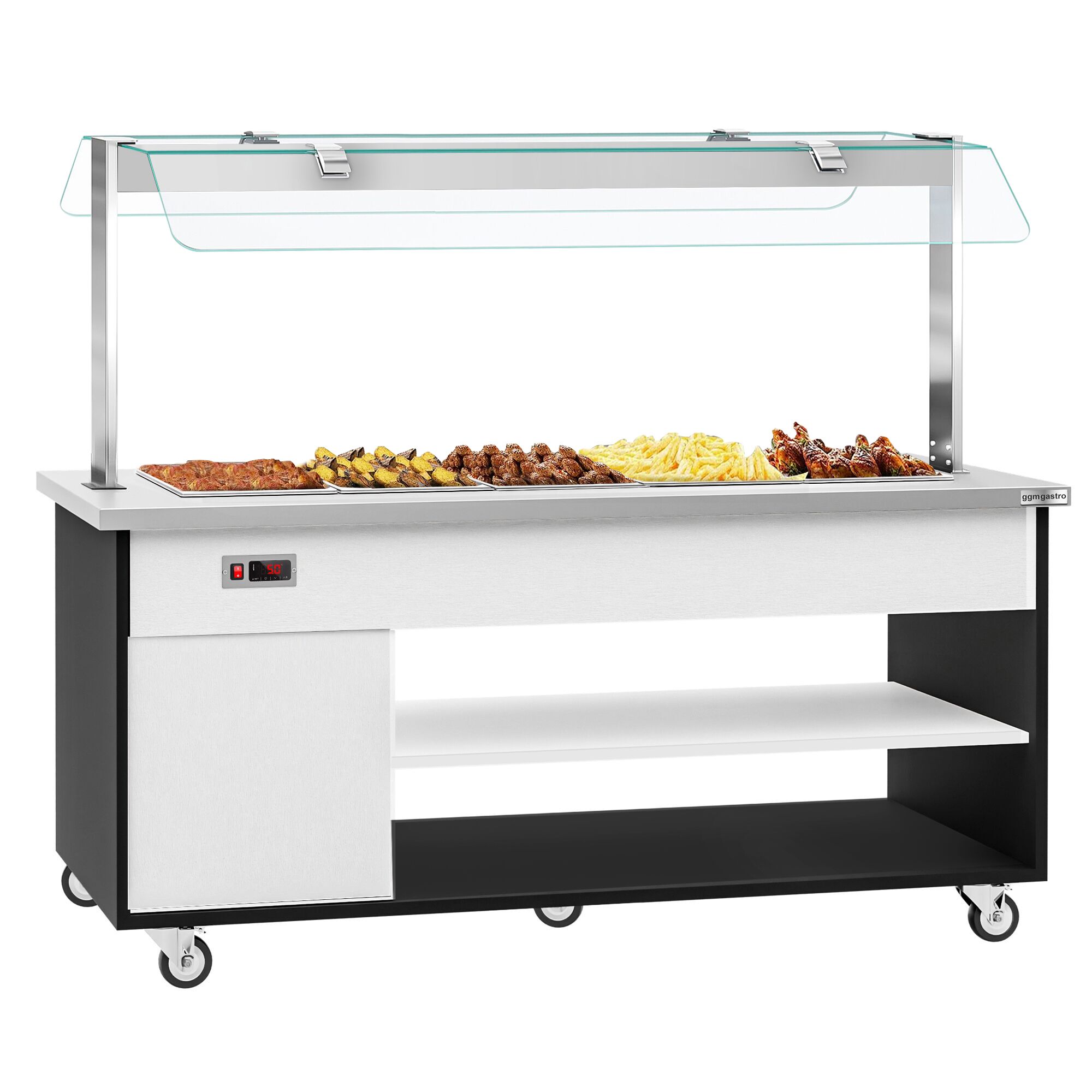 Heated Buffet Trolley DANZIG - 1900mm - for 5x GN 1/1 - Mobile - with Gantry - with Sneeze Screen