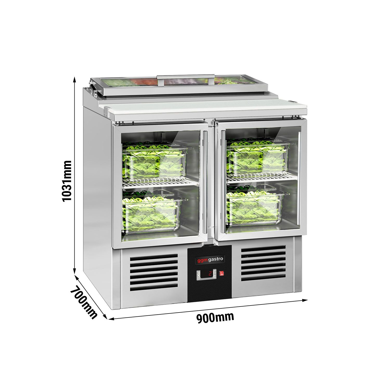 Saladette réfrigérée PREMIUM - 900mm - 159L - 2 portes vitrées - avec découpe pour 4x GN 1/3 & Couvercle verre