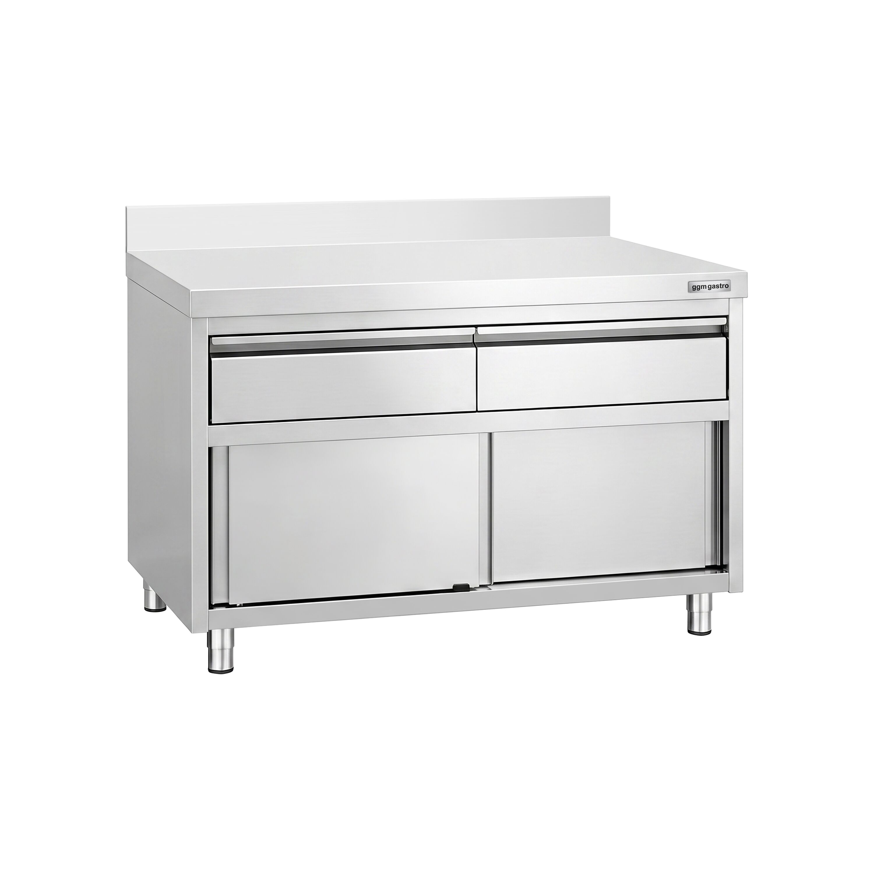 Armoire de travail en acier inoxydable PREMIUM - 1 200 x 600 mm - avec rebord - avec 2 tiroirs et une porte coulissante