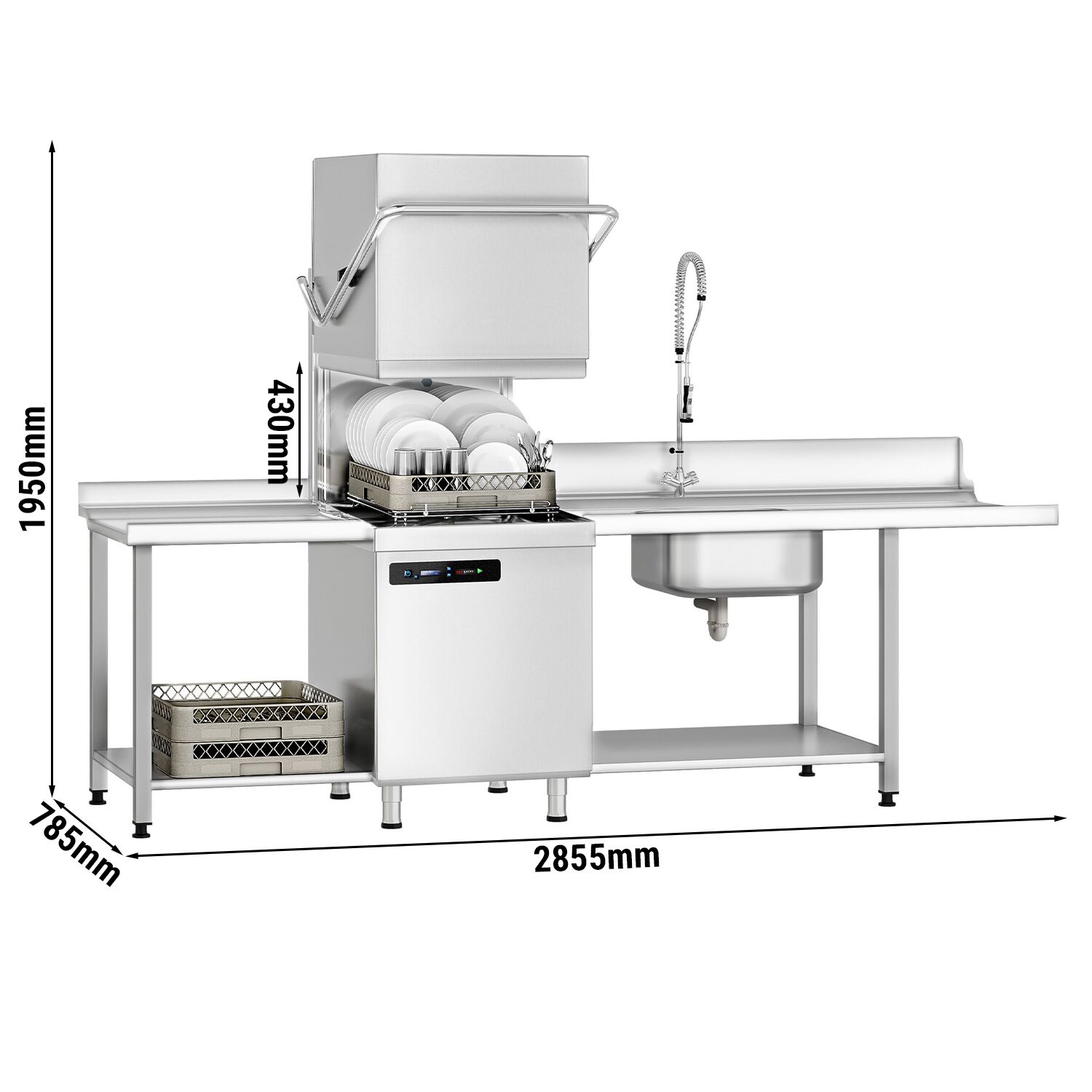 Lave-vaisselle à capot – Numérique – 7,1 kW – avec table d’entrée à droite, table de sortie à gauche et adoucisseur inclus – avec pompe de détergent, de rinçage et de vidange