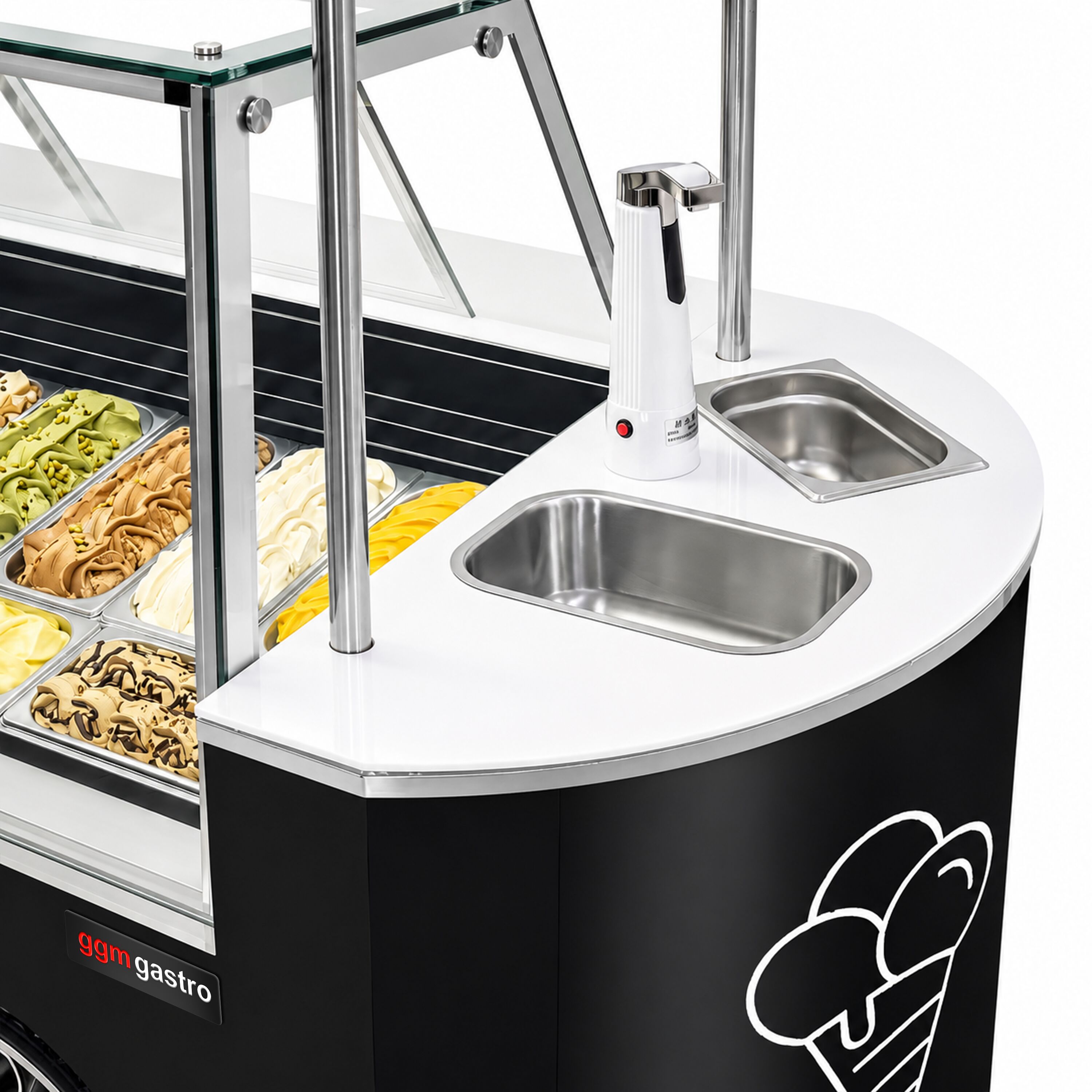 Chariot à glace – 2146 mm – avec évier et vitrine à glace rectangulaire – pour 9 bacs à glace de 5 litres