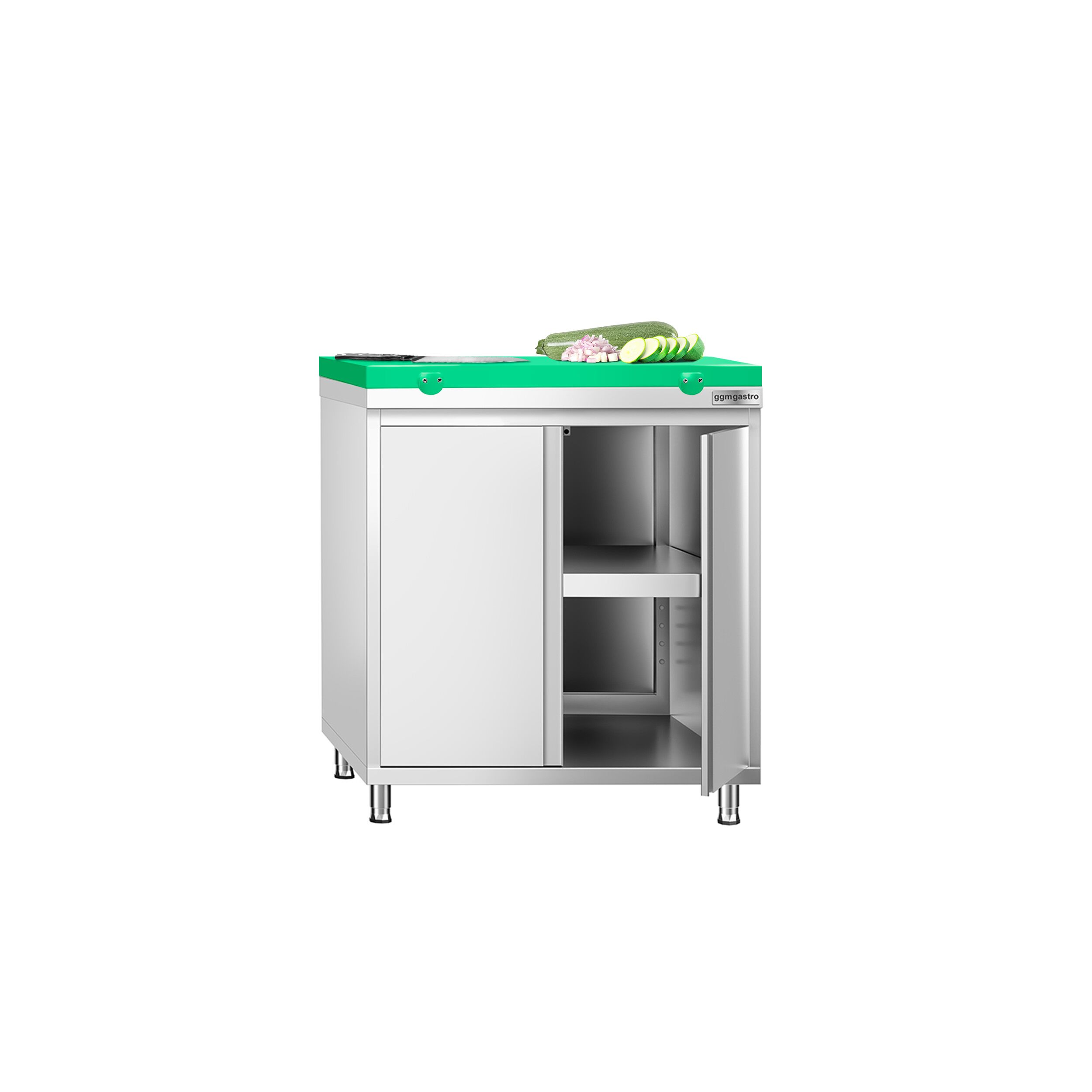 Table armoire en acier inoxydable PREMIUM - 800x700mm - avec portes battantes - incl. plateau de découpe Vert PEHD (HACCP)