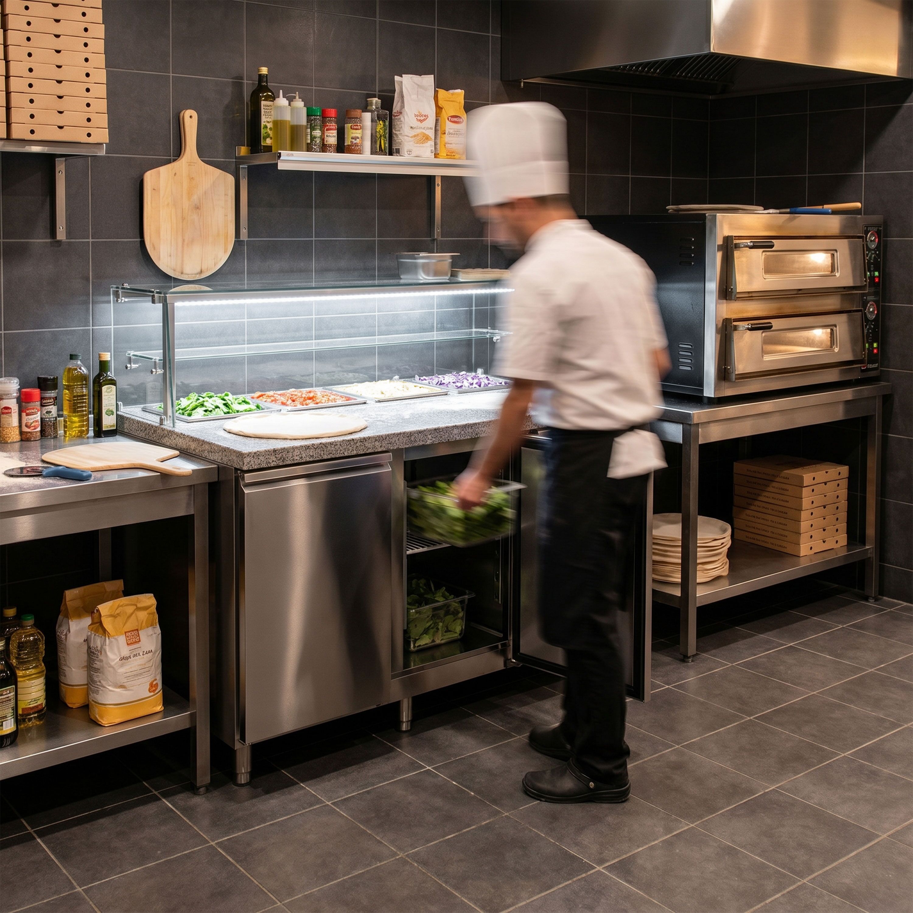 Saladette PREMIUM - 1515mm - 2 deuren - met glazen opzetvitrine voor 4x GN 1/1 - granieten werkblad