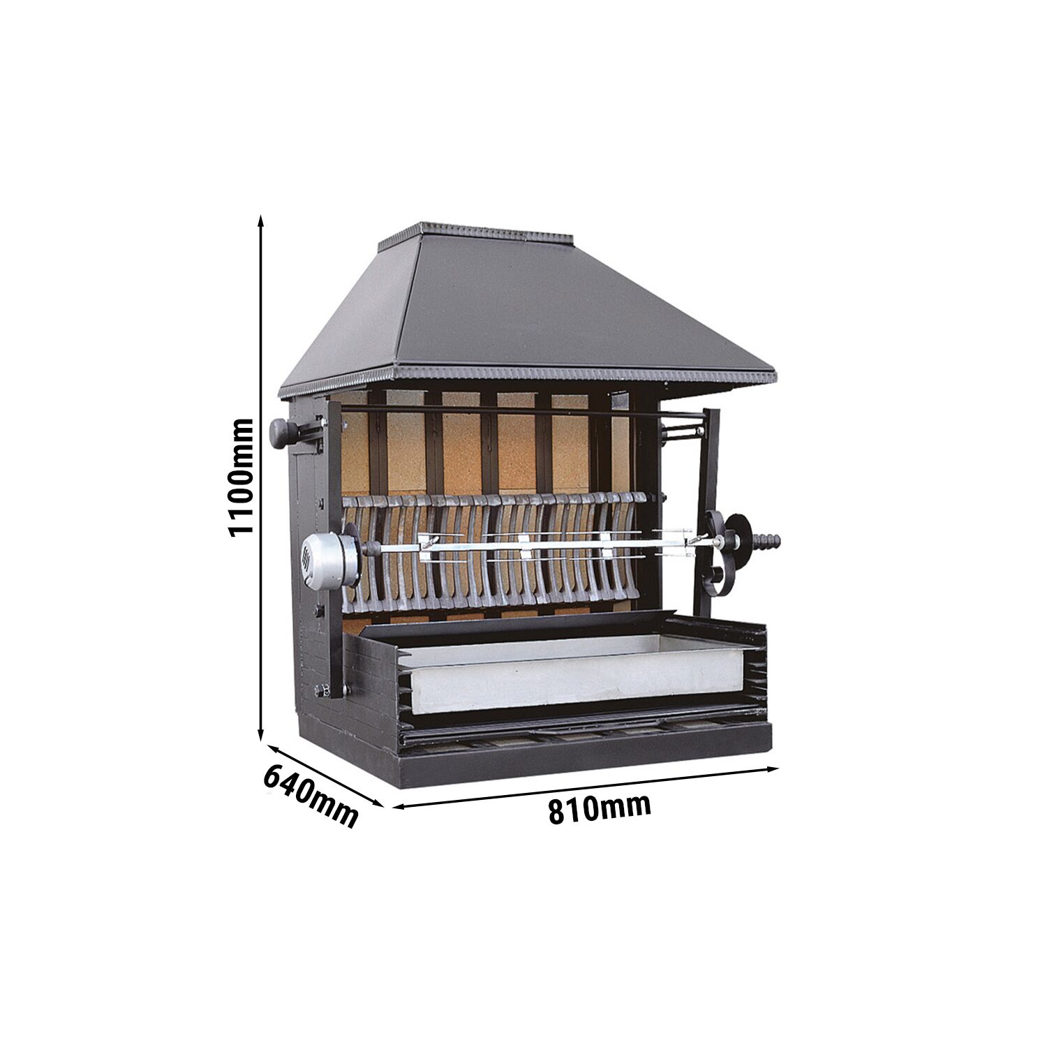 Grill à charbon pour poulets – avec 1 broche pour jusqu’à 3 poulets