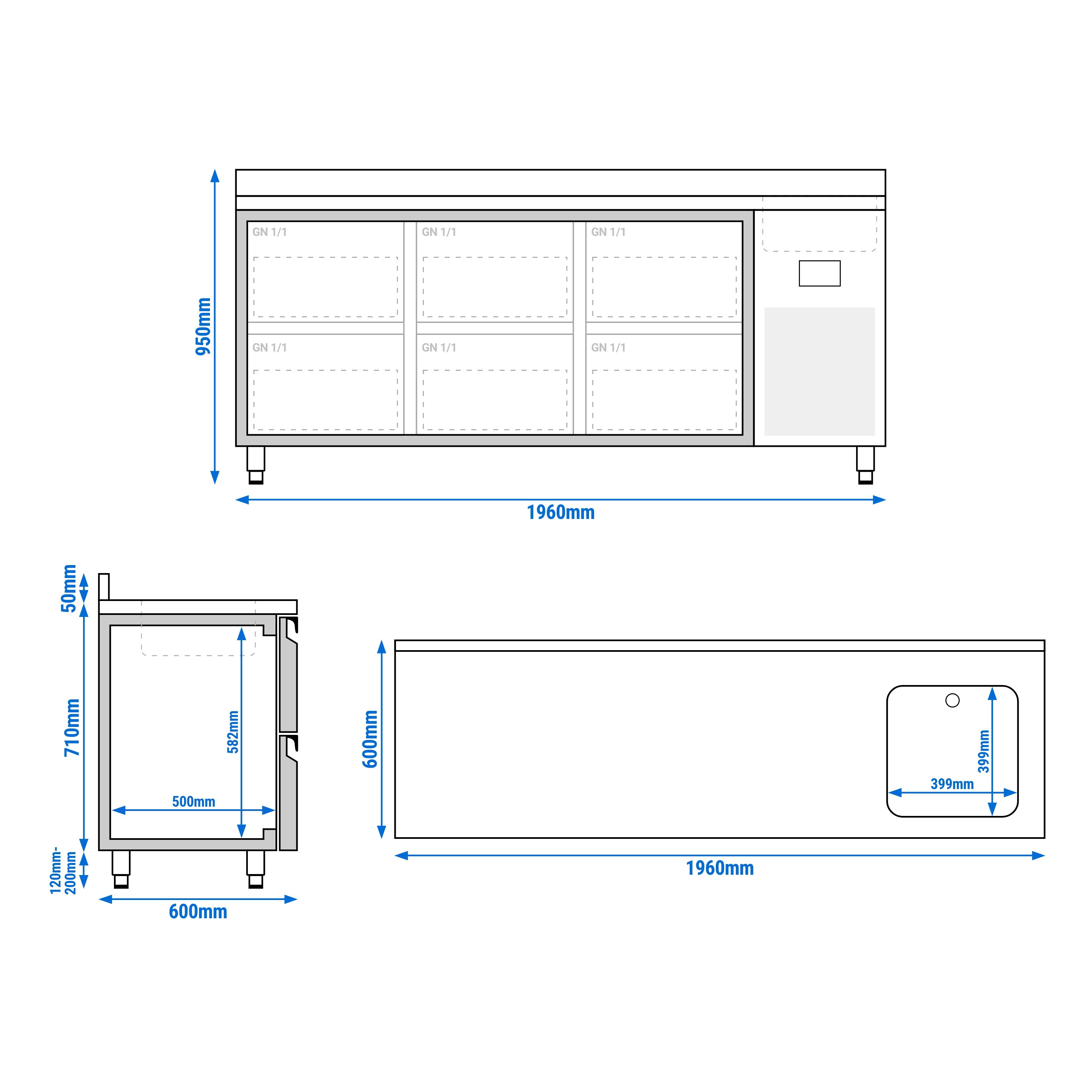 Table réfrigérée Premium PLUS - 1960 x 600 mm - avec 1 bac, 6 tiroirs - dosseret