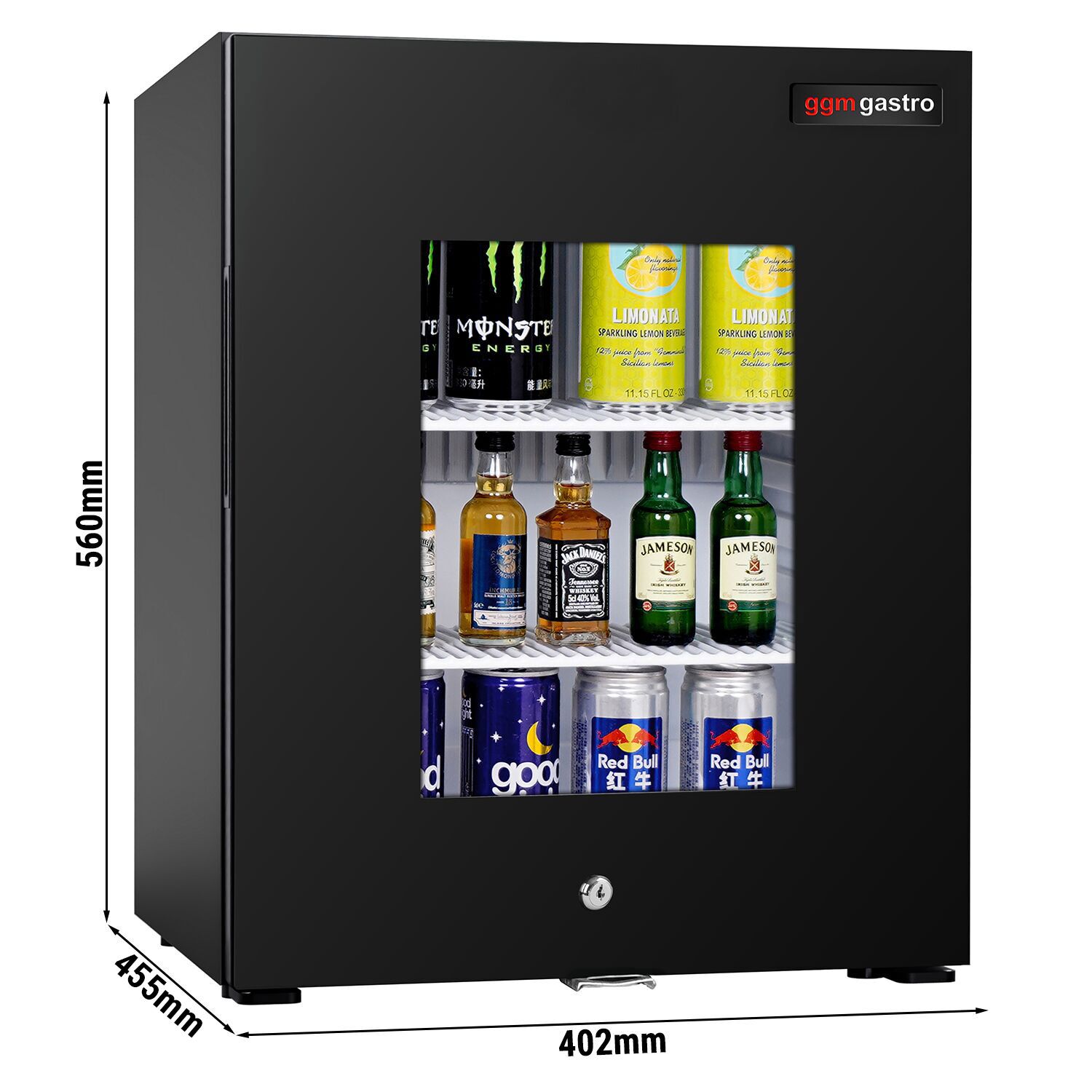 Minibar - 402mm - 34L - avec 1 porte en verre & serrure - Noir - double vitrage, porte réversible