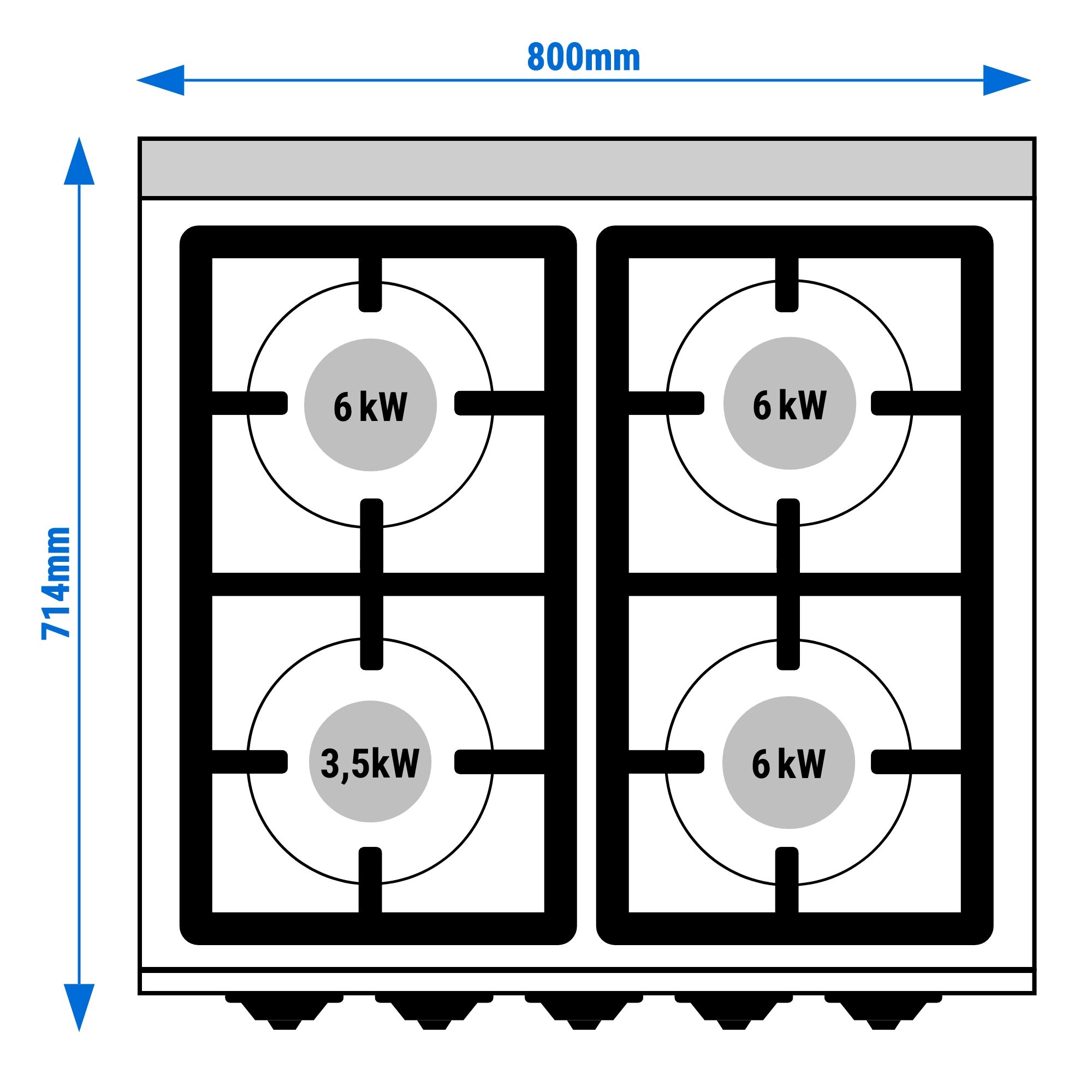 Fourneau à gaz – 21,5 kW – 4 brûleurs – avec four à gaz – 7,8 kW
