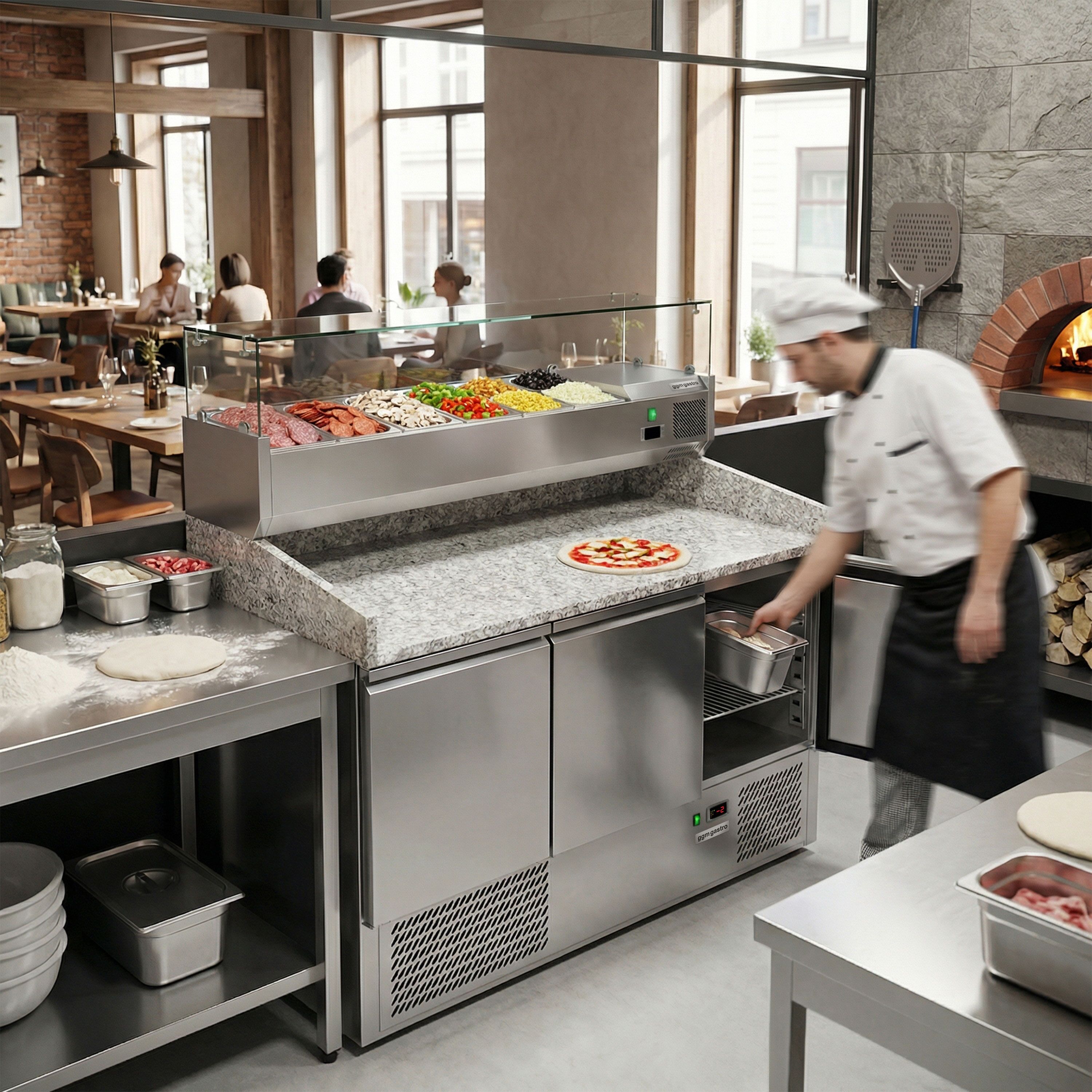 Table réfrigérée pour pizza ECO - 1400 x 700 mm - avec 3 portes - incl. vitrine réfrigérée - 6 x GN 1/4
