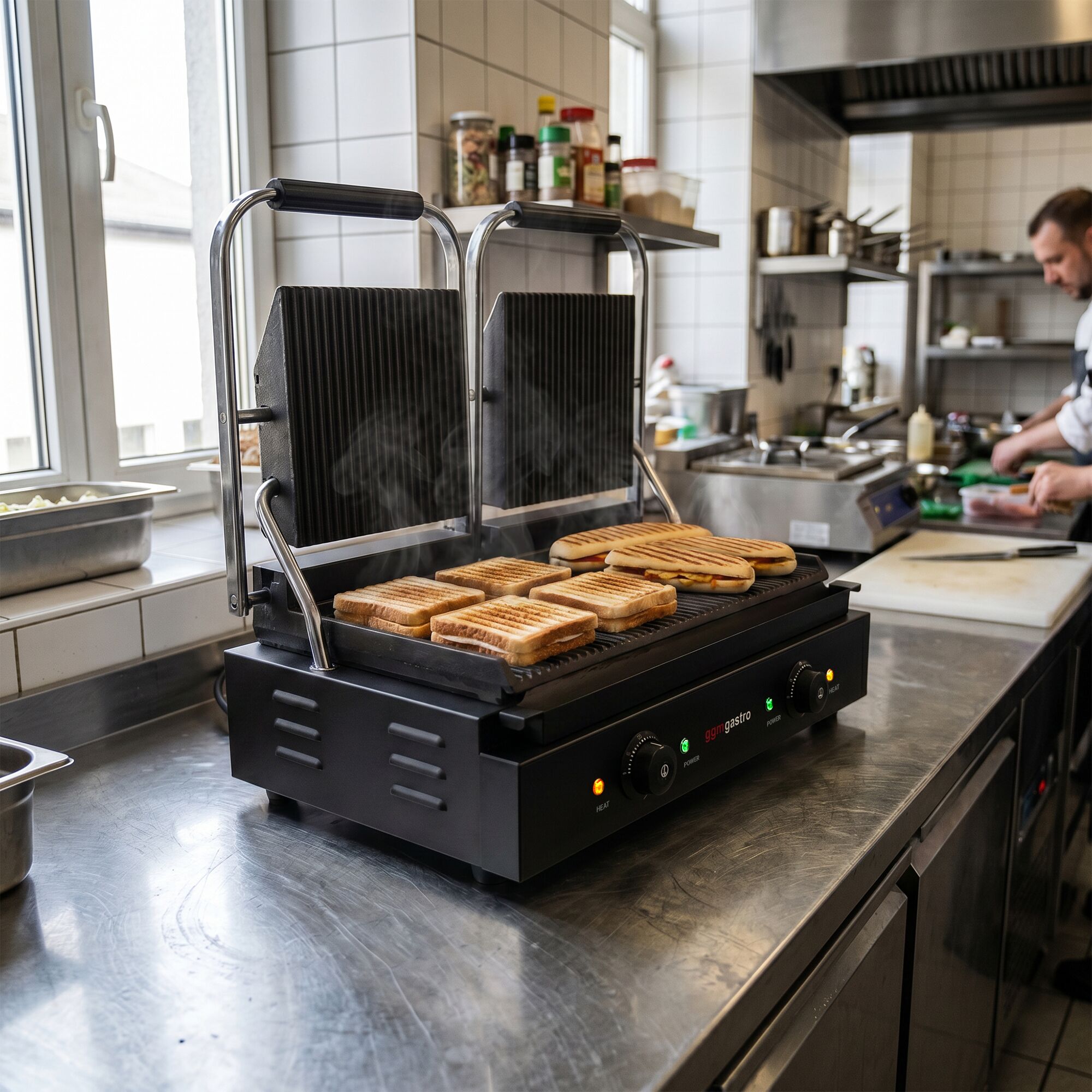 Commercial Contact Grill – Ribbed Top & Bottom Plates – 3.6 kW – Grill Area: 485 × 235 mm
