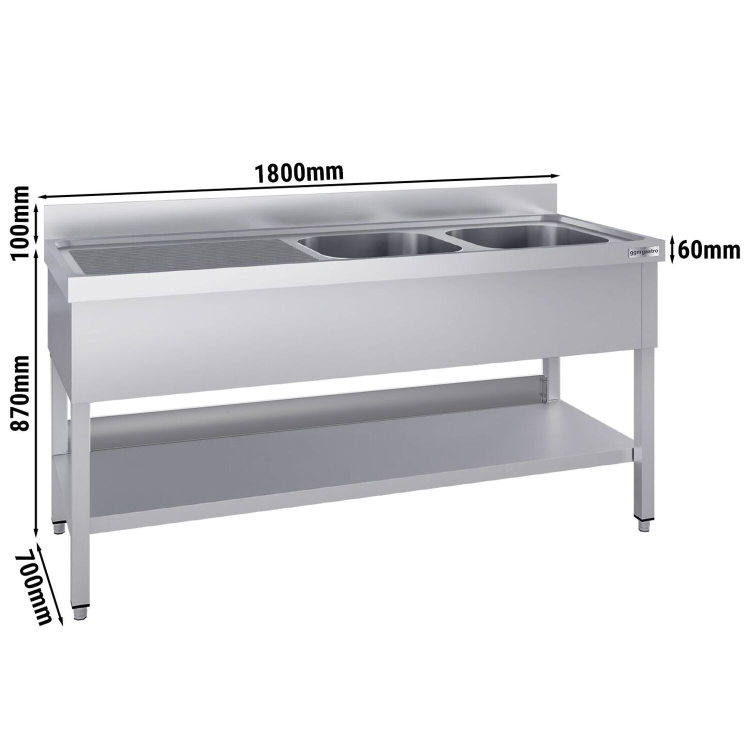 Plonge en inox ECO - 1800x700mm - avec étagère basse - 2 bacs à droite