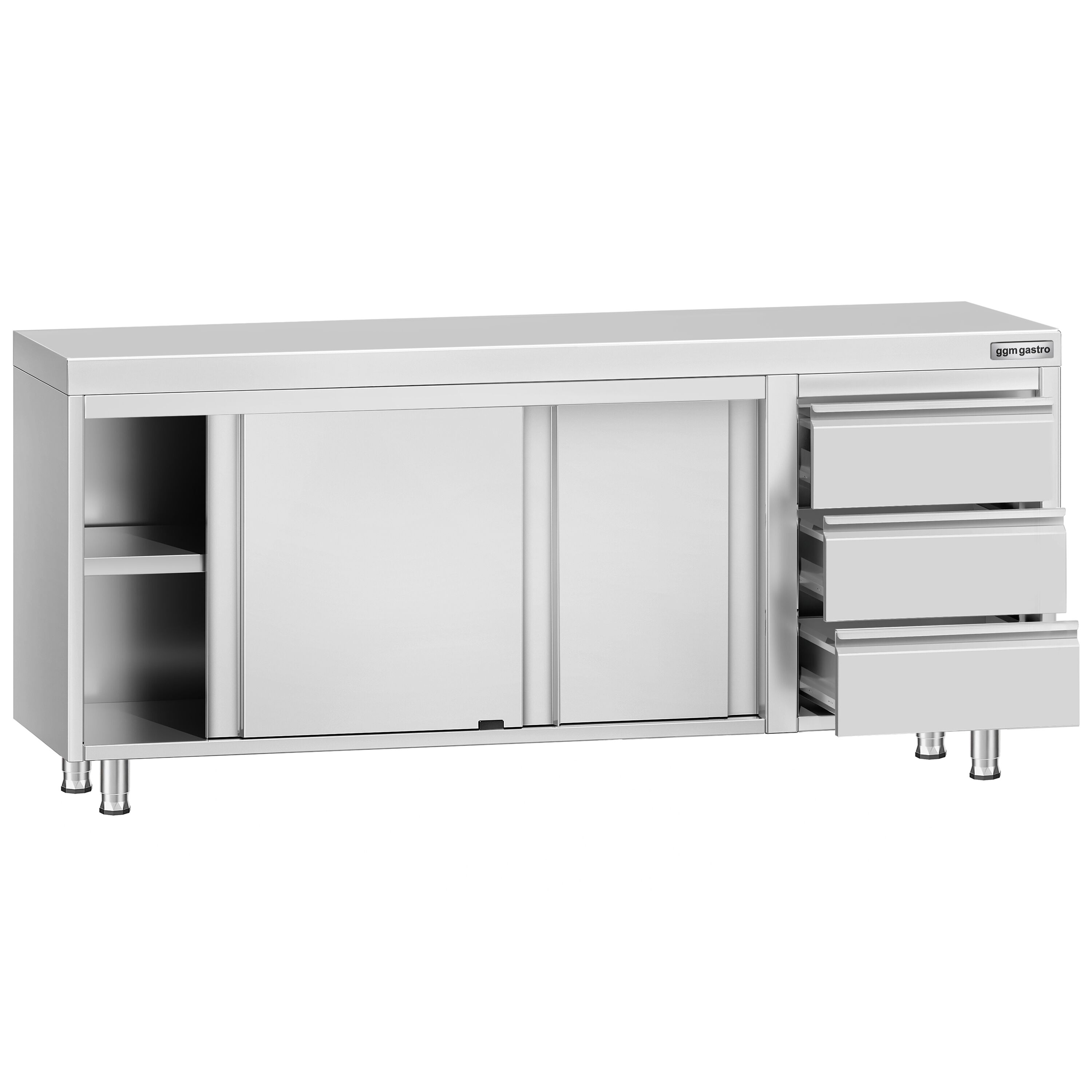Table armoire en acier inoxydable ECO - 2000x600mm - avec 3 tiroirs à droite et portes coulissantes et étagère basse