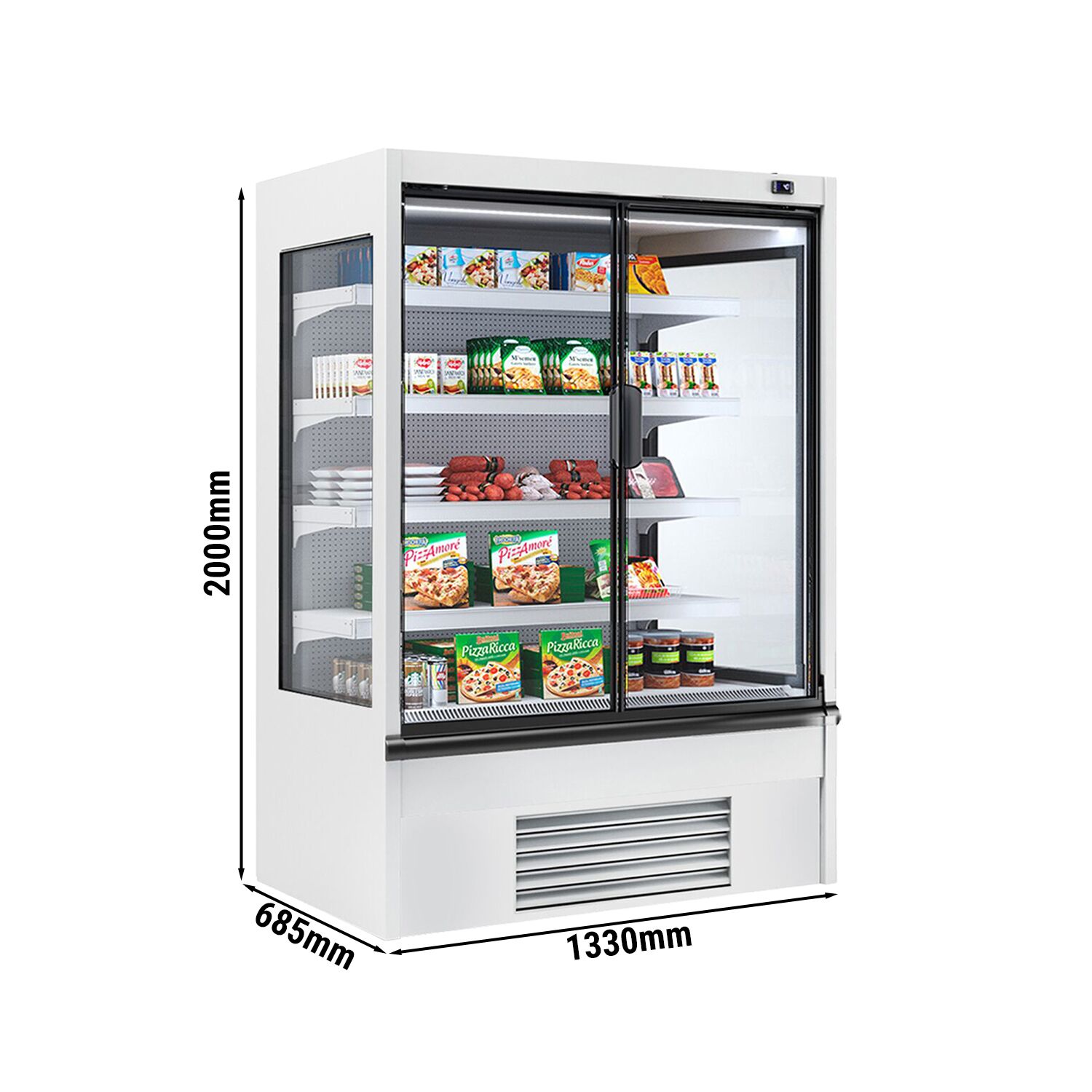 Commercial multideck display fridge - 1330mm - 455L - with 2 hinged glass doors & 4 shelves - White