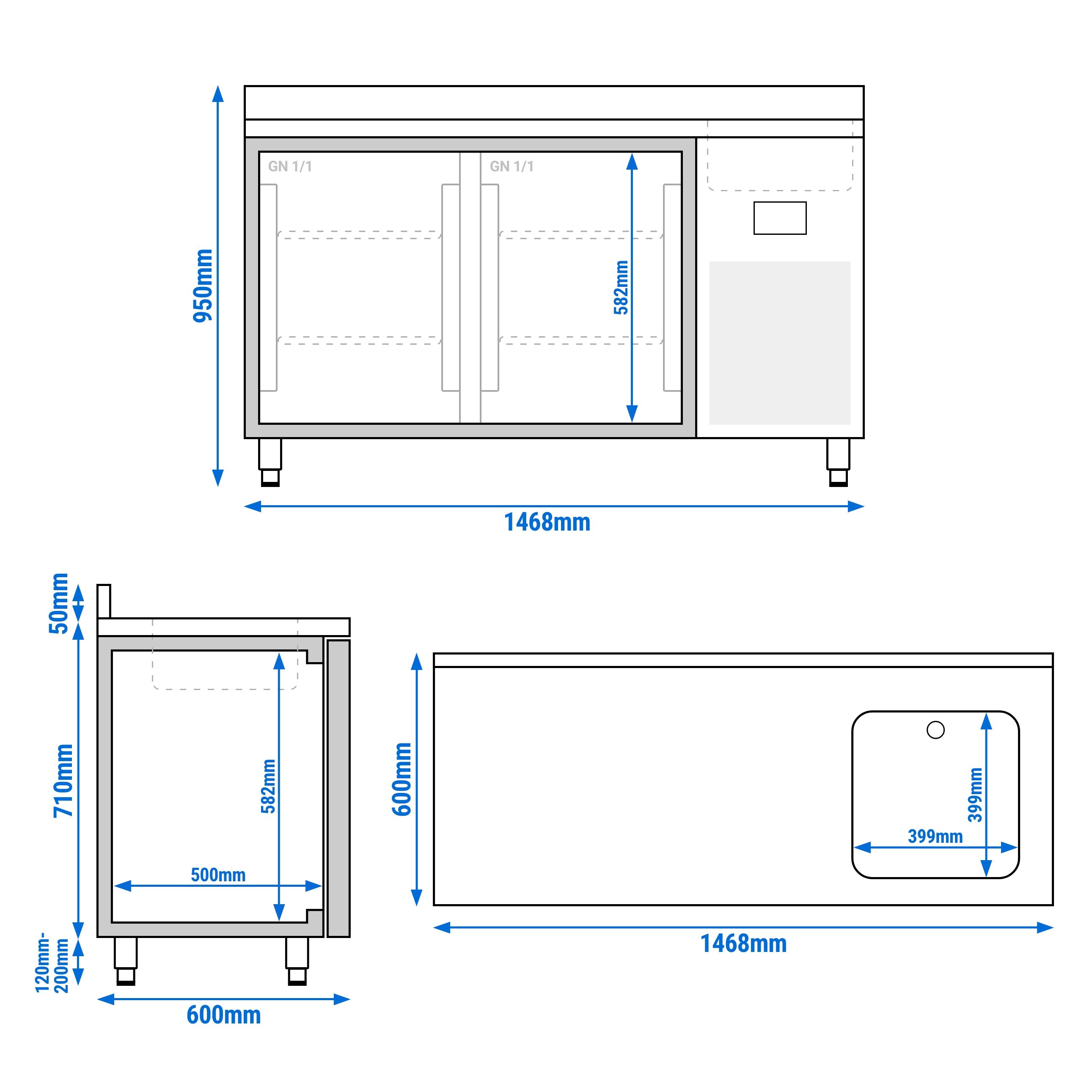 Table réfrigérée Premium PLUS - 1468 x 600 mm - avec 1 bac et 2 portes - avec dosseret
