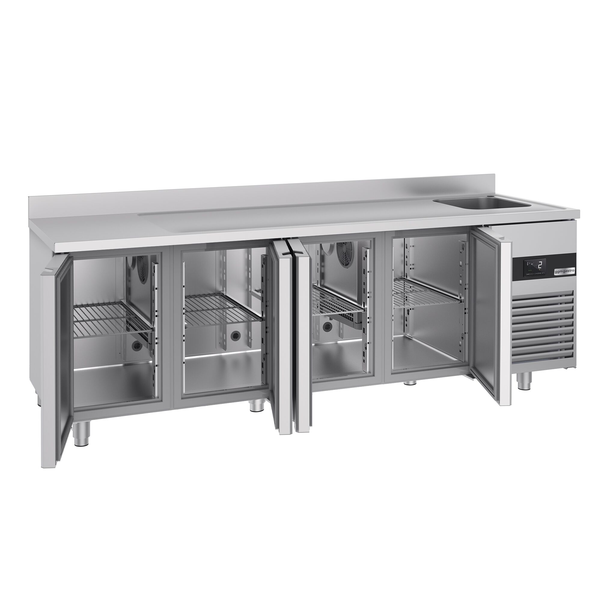 Commercial Counter Fridge PREMIUM - 2360x700mm - with 4 doors - with sink right - with upstand - capacity 540 litres