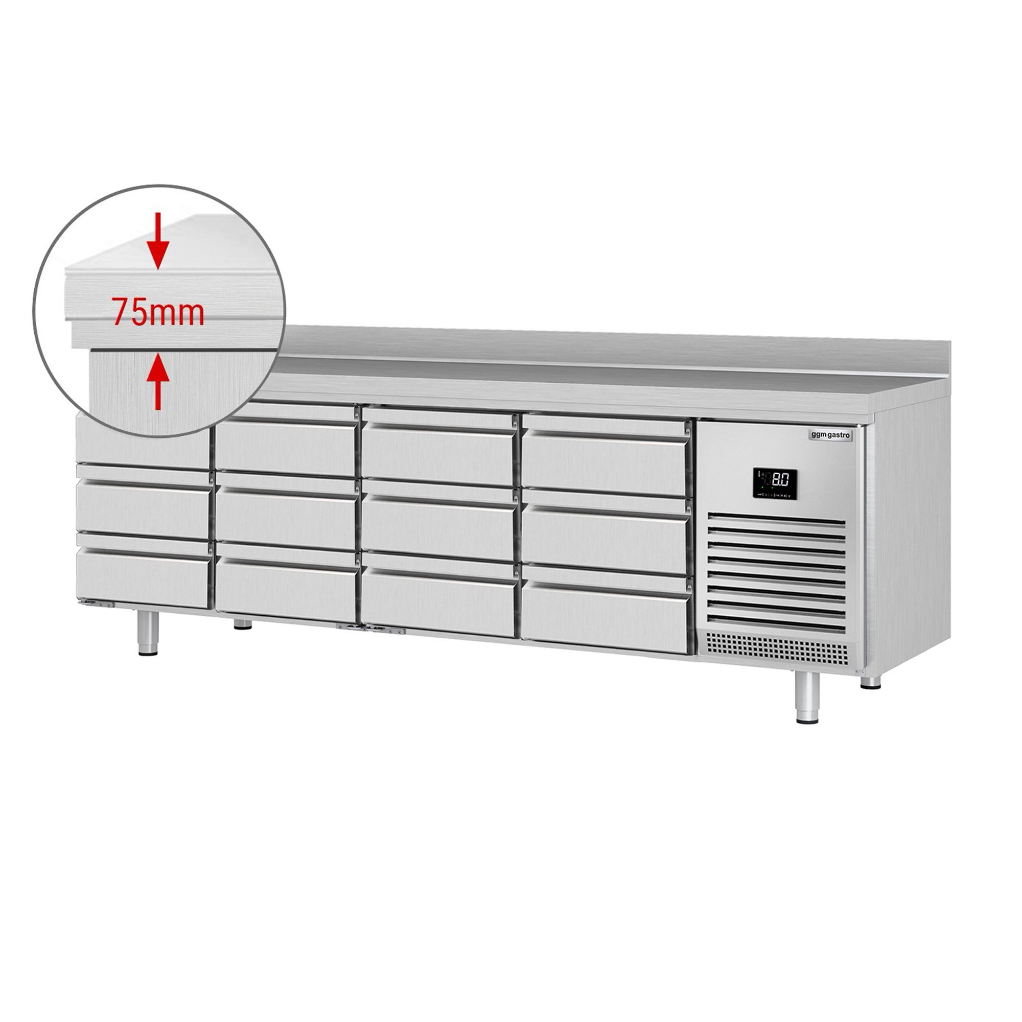 Table réfrigérée Premium PLUS - 2452 x 600 mm - avec 12 tiroirs 1/3 - avec dosseret