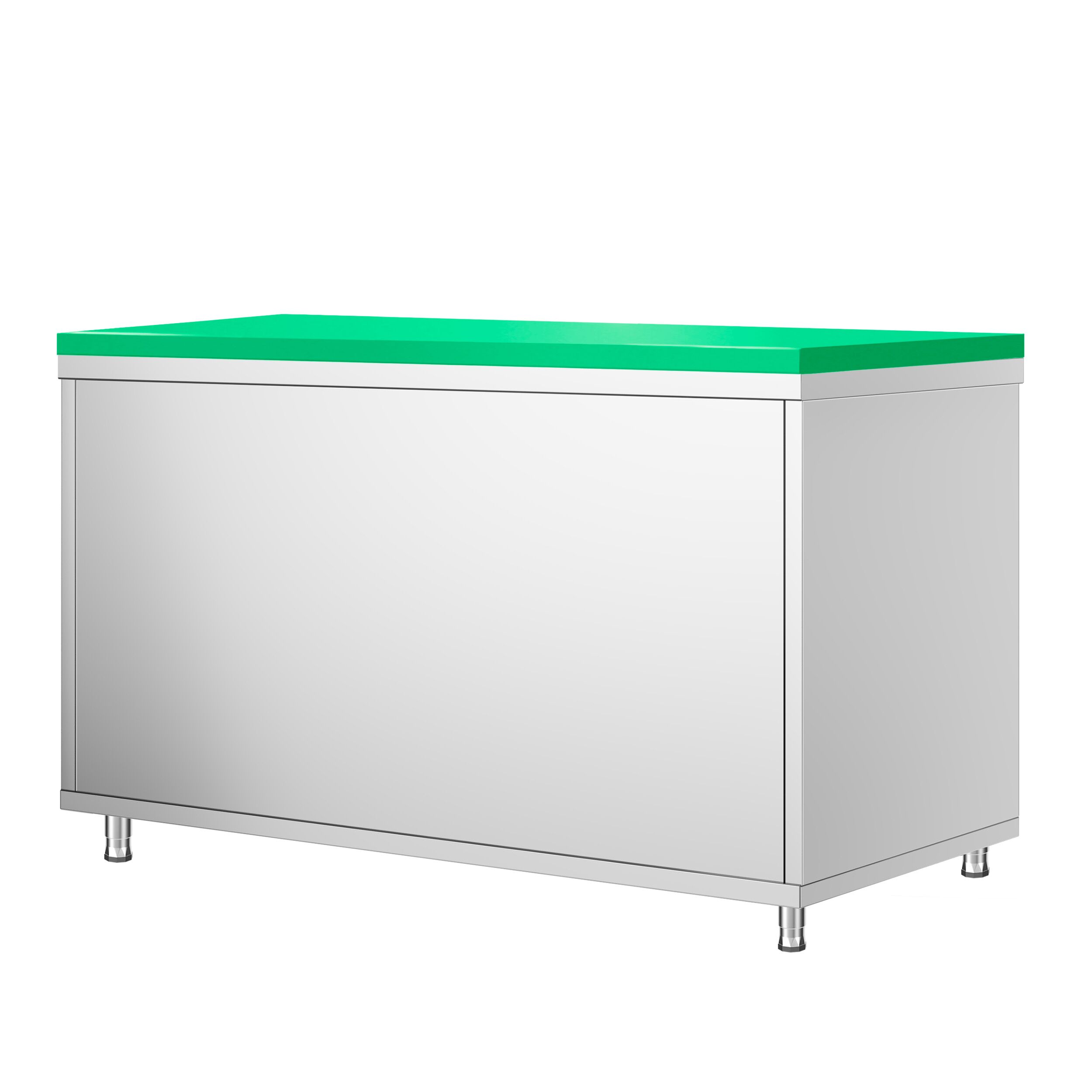 Table armoire en acier inoxydable PREMIUM - 1400x700mm - avec portes coulissantes et étagère basse - pour fruits et légumes - incl. plateau de découpe Vert PEHD (HACCP)