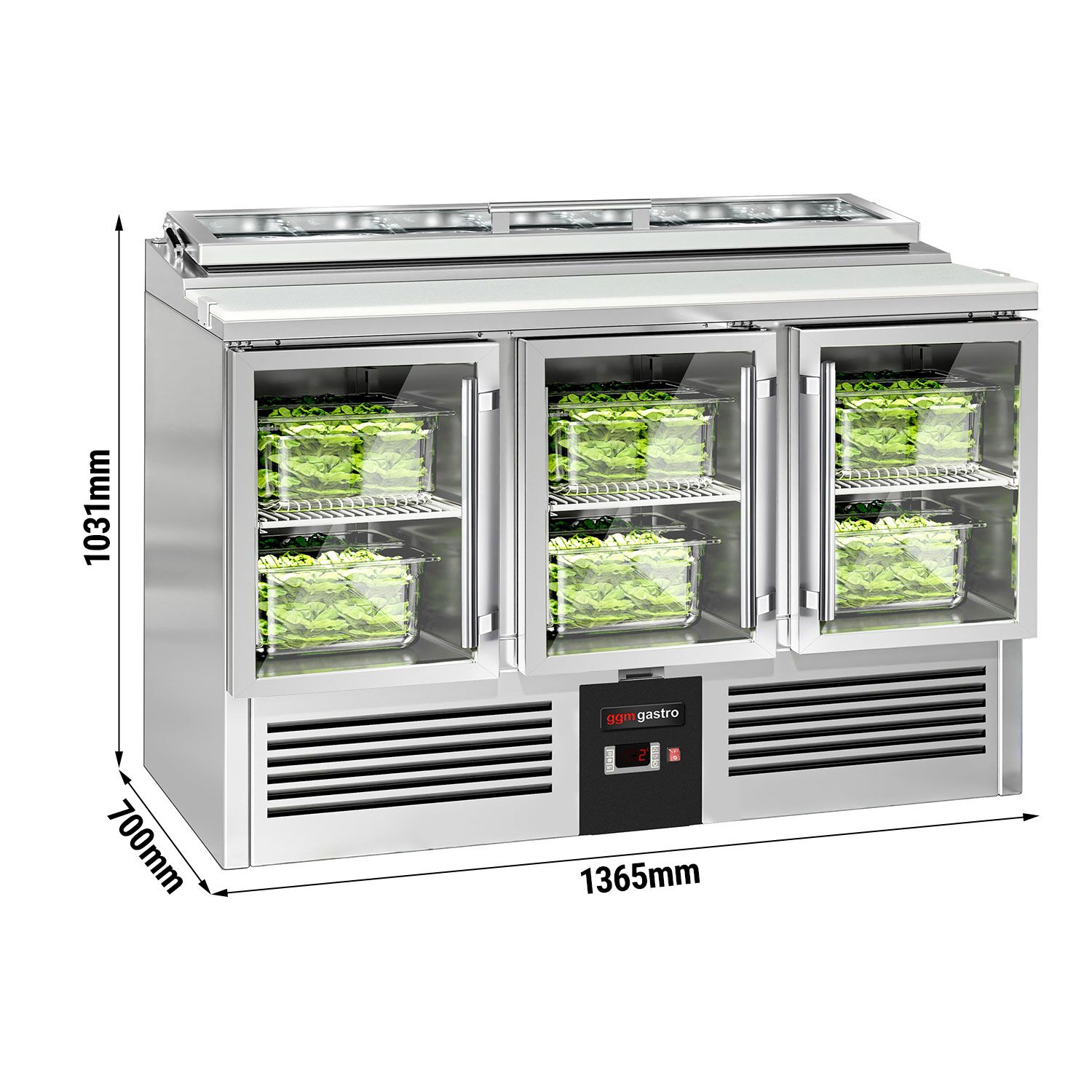 Saladette réfrigérée PREMIUM - 1365mm - 248L - 3 portes vitrées - pour 7x GN 1/3 & Couvercle verre