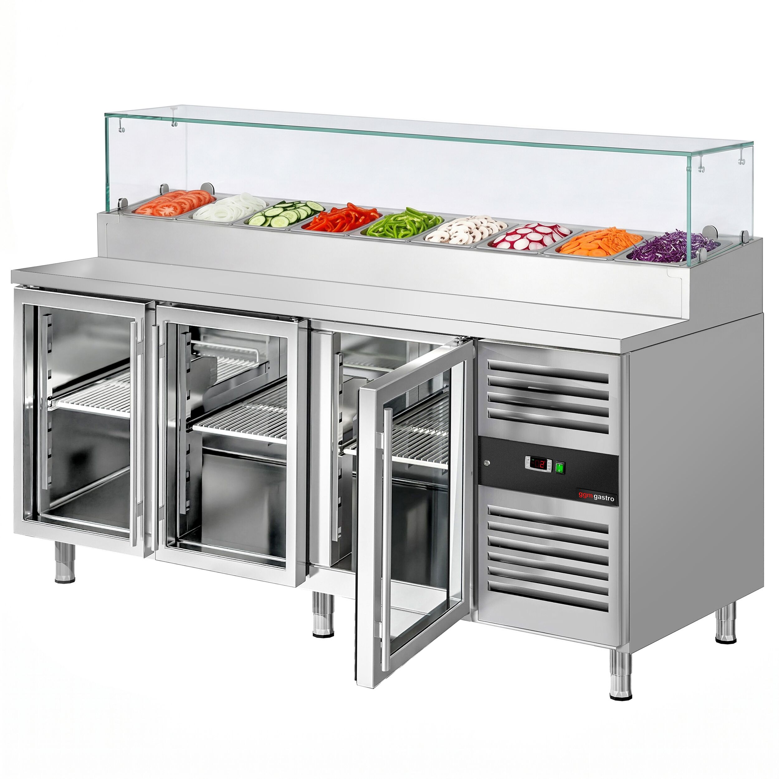 Zubereitungstisch PREMIUM - 2020mm - 3 Glastüren - mit Glasaufsatz - für 10x GN 1/3