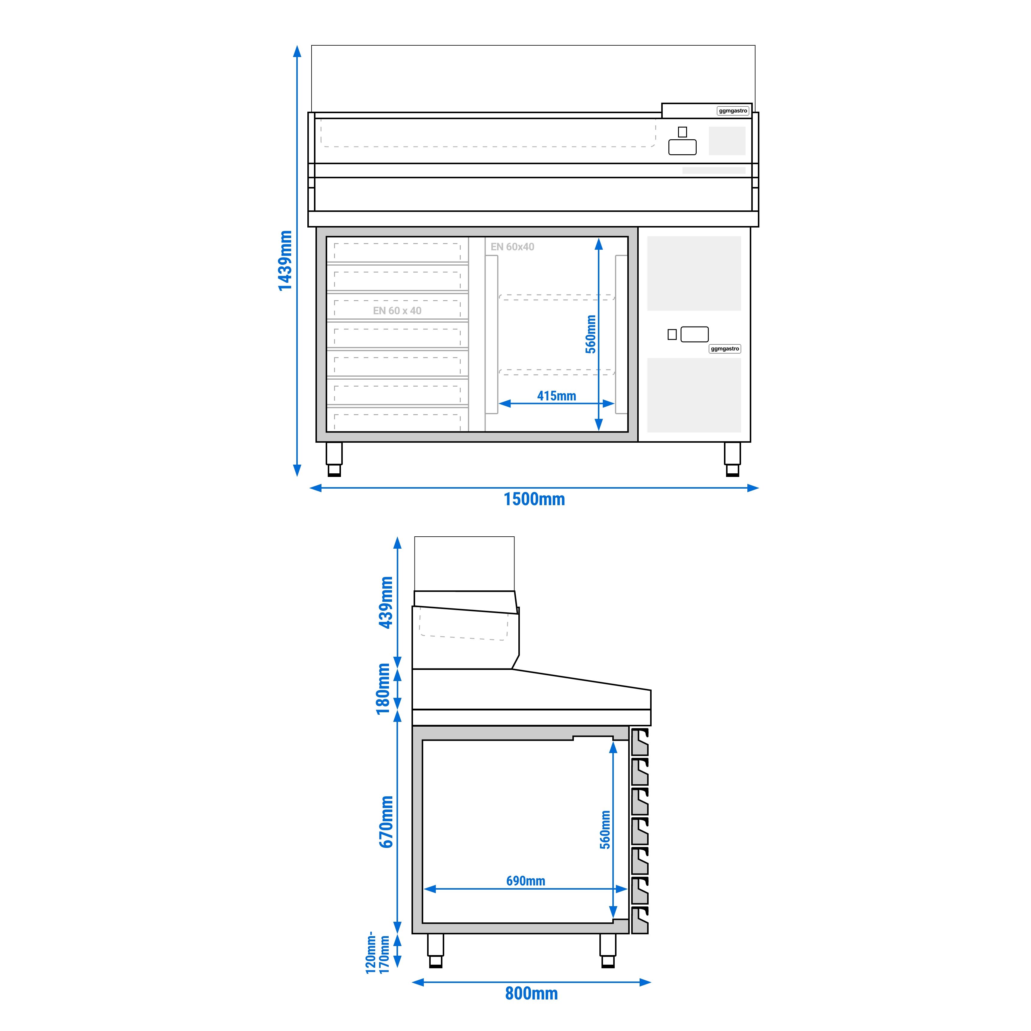 Table réfrigérée à pizza PREMIUM - 1500 x 800 mm - avec 1 porte et 7 tiroirs - incl. vitrine réfrigérée - 6 x GN 1/3