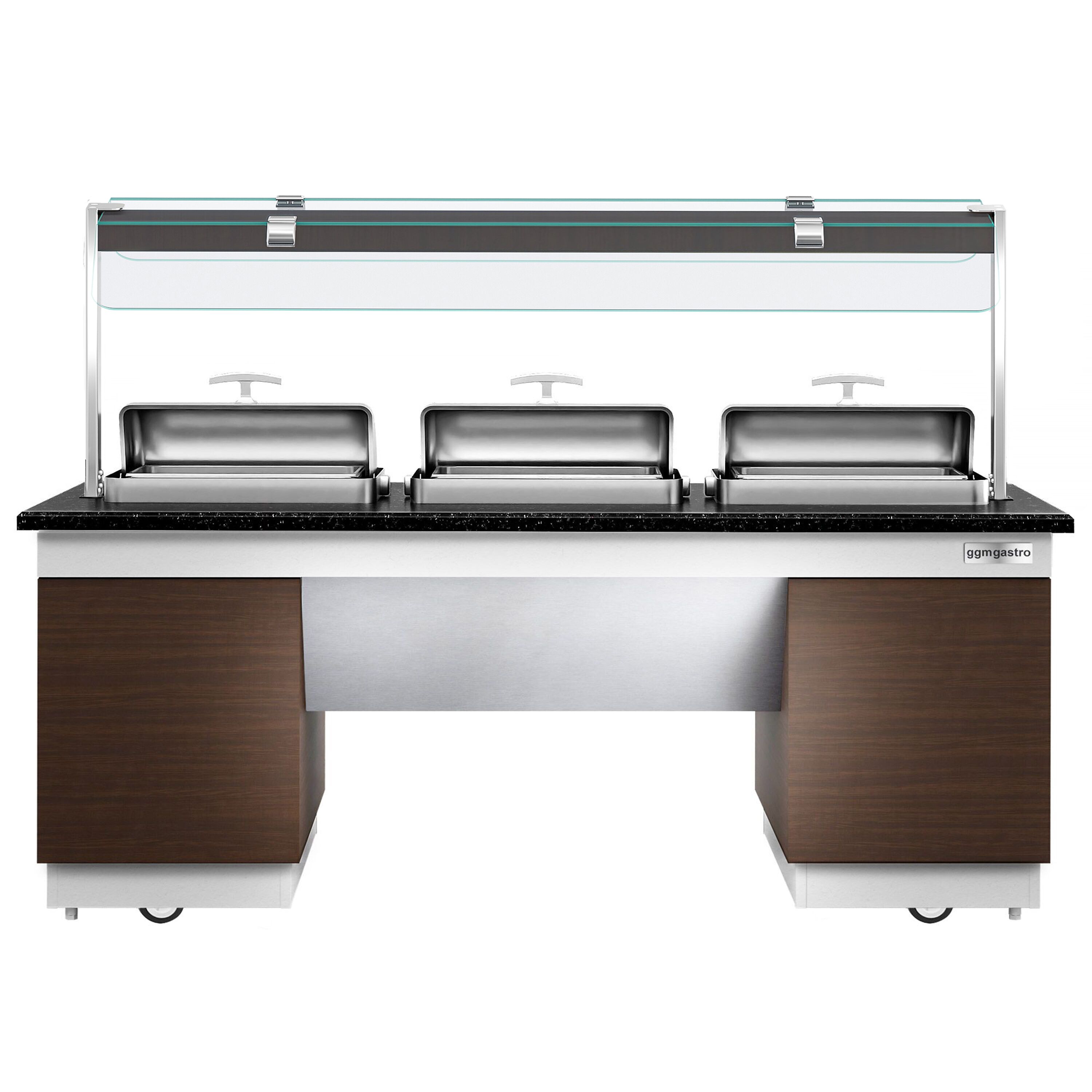 Buffet chaud DUBLIN - 2300mm - avec 3 Chafing Dishes - sur roulettes