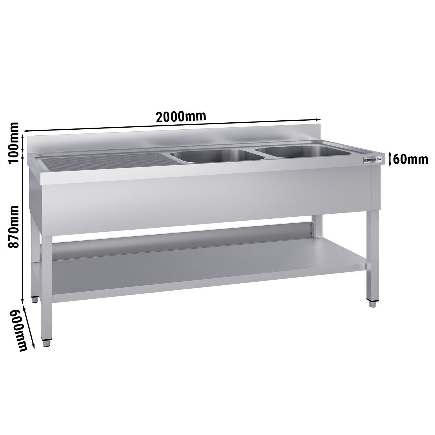 Plonge en inox ECO - 2000x600mm - avec étagère basse - 2 bacs à droite
