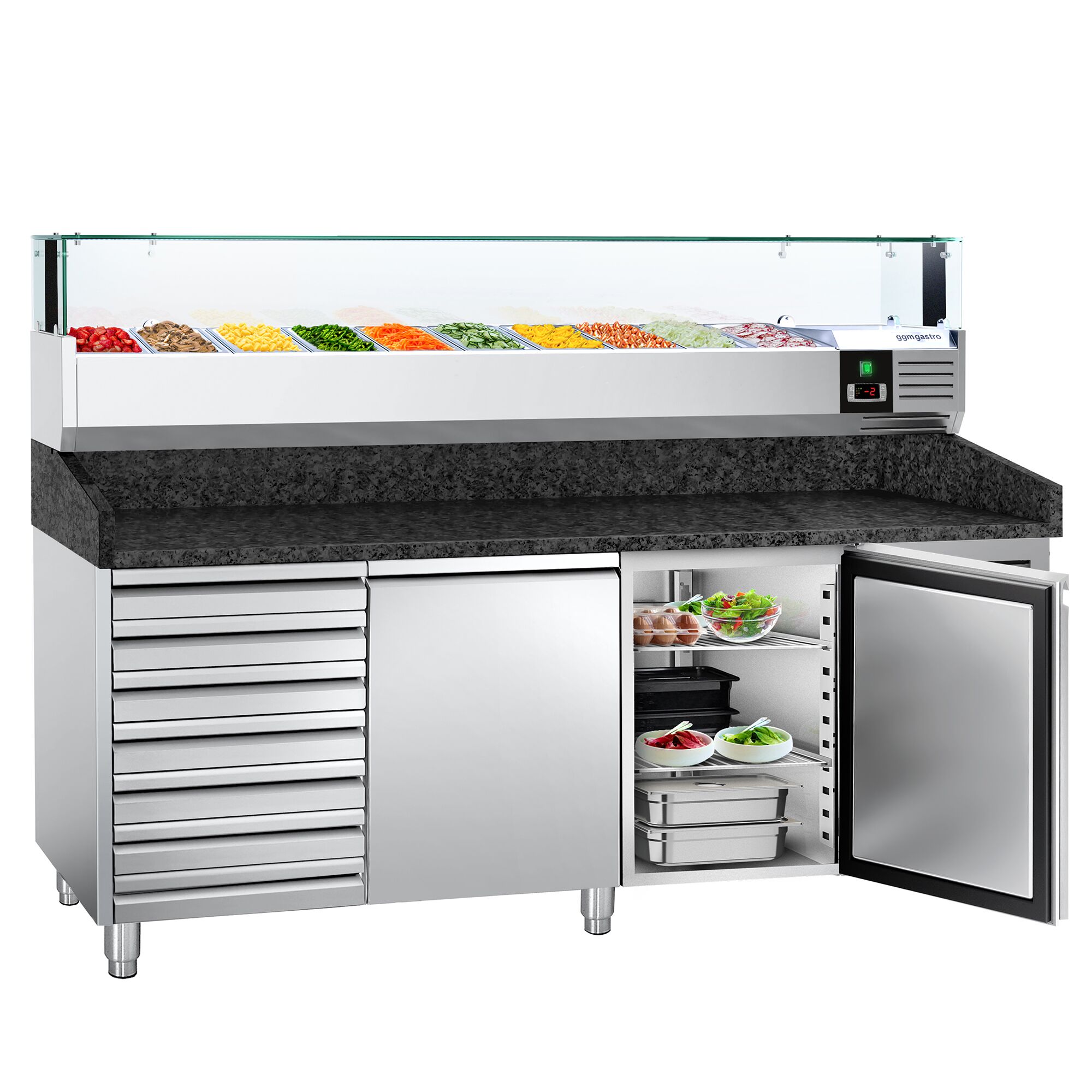 Table réfrigérée à pizza PREMIUM - 2000x800 mm - avec 2 portes & 7 tiroirs - incl. vitrine réfrigérée LED - 10x GN 1/4