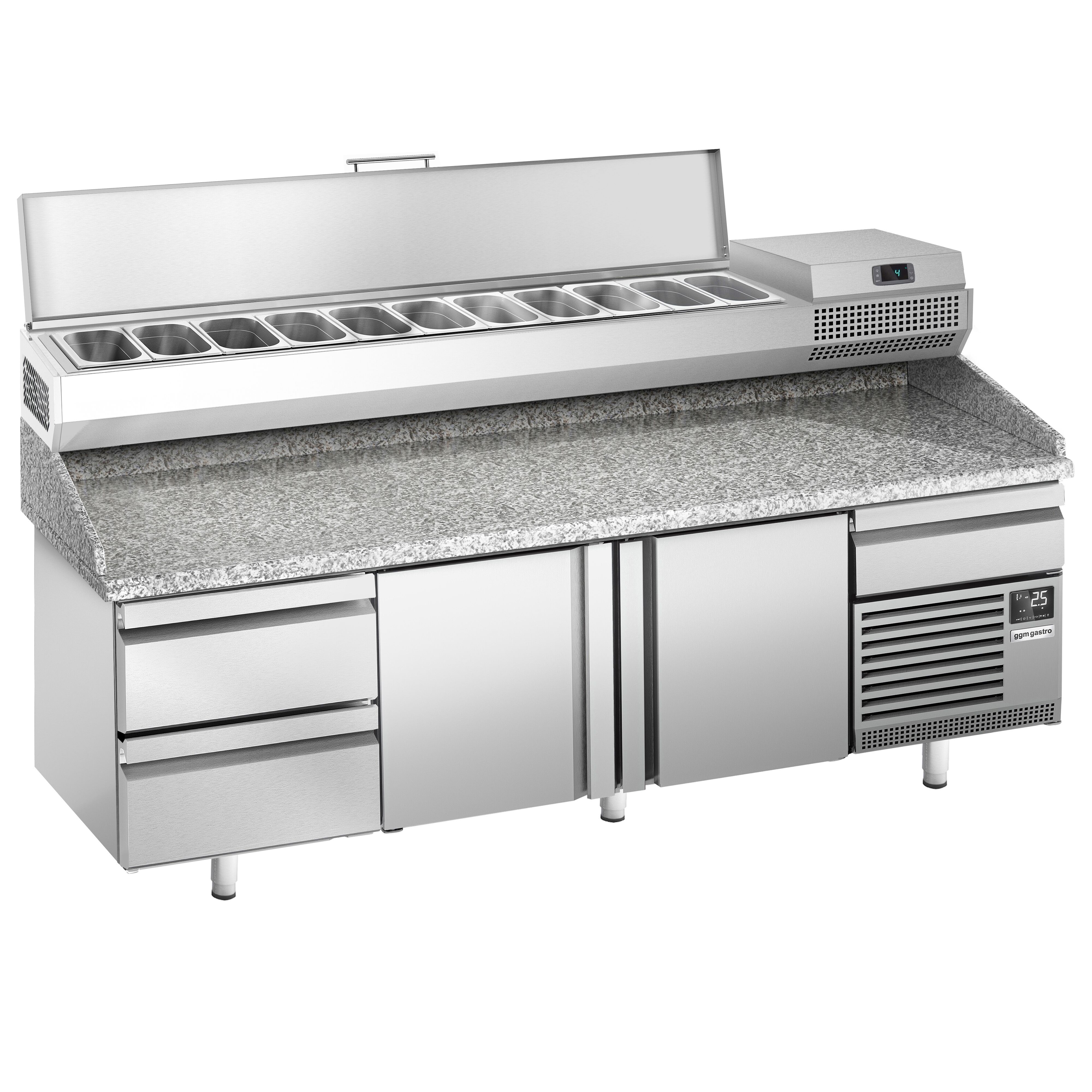 Table réfrigérée à pizza Premium PLUS - 2305x800 mm - avec 2 portes & 3 tiroirs - incl. vitrine réfrigérée pour ingrédients - 11 bacs GN 1/4