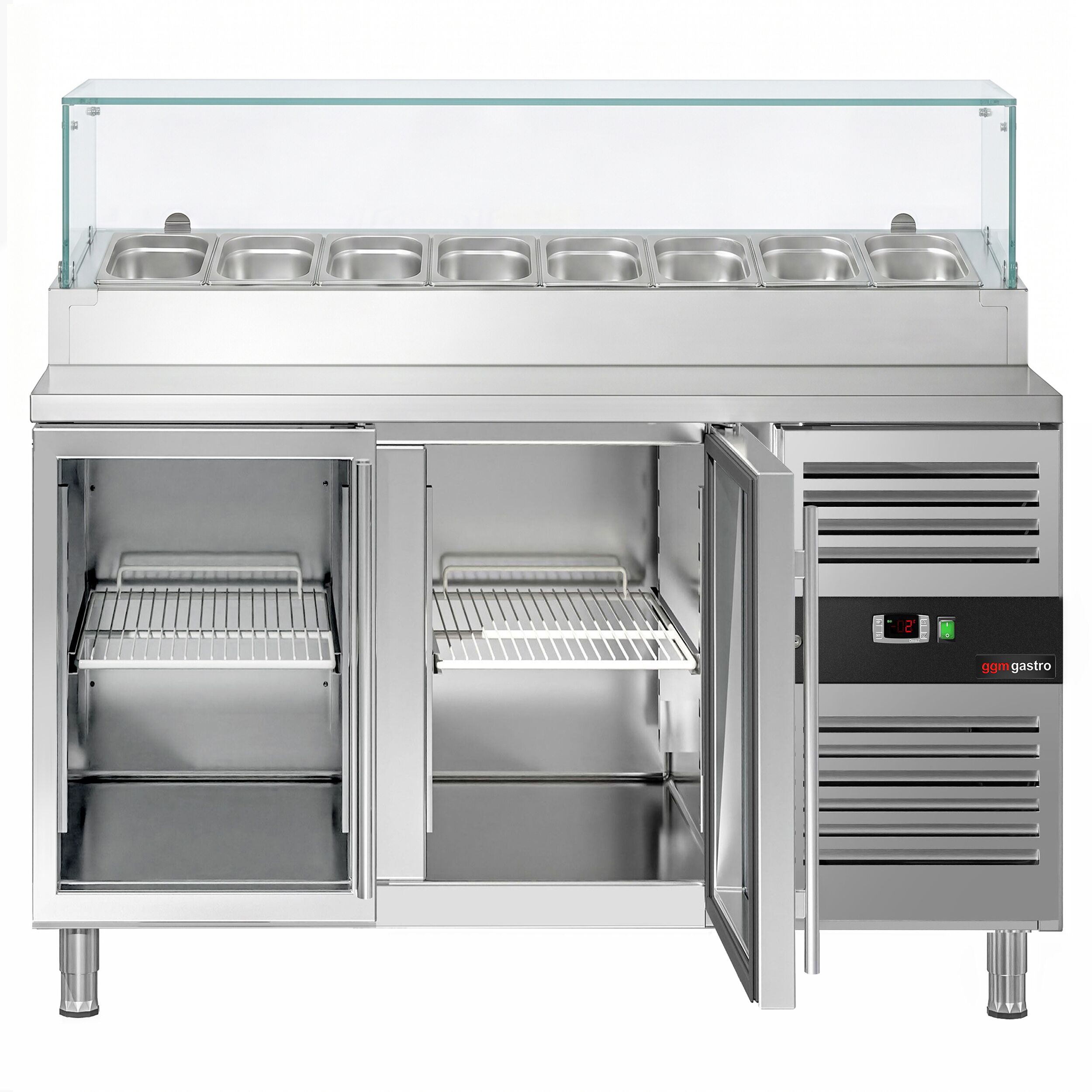 Zubereitungstisch PREMIUM - 1510mm - 2 Glastüren - mit Glasaufsatz - für 8x GN 1/3