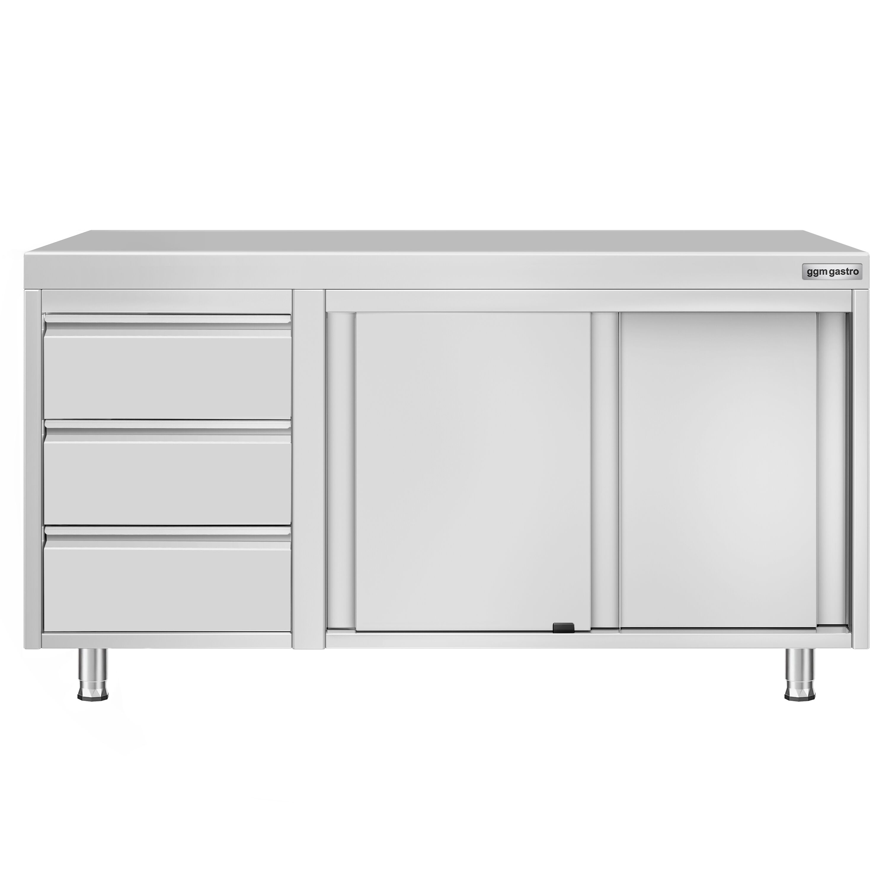 Table armoire en acier inoxydable ECO - 1400x700mm - avec portes coulissantes et 3 tiroirs à gauche