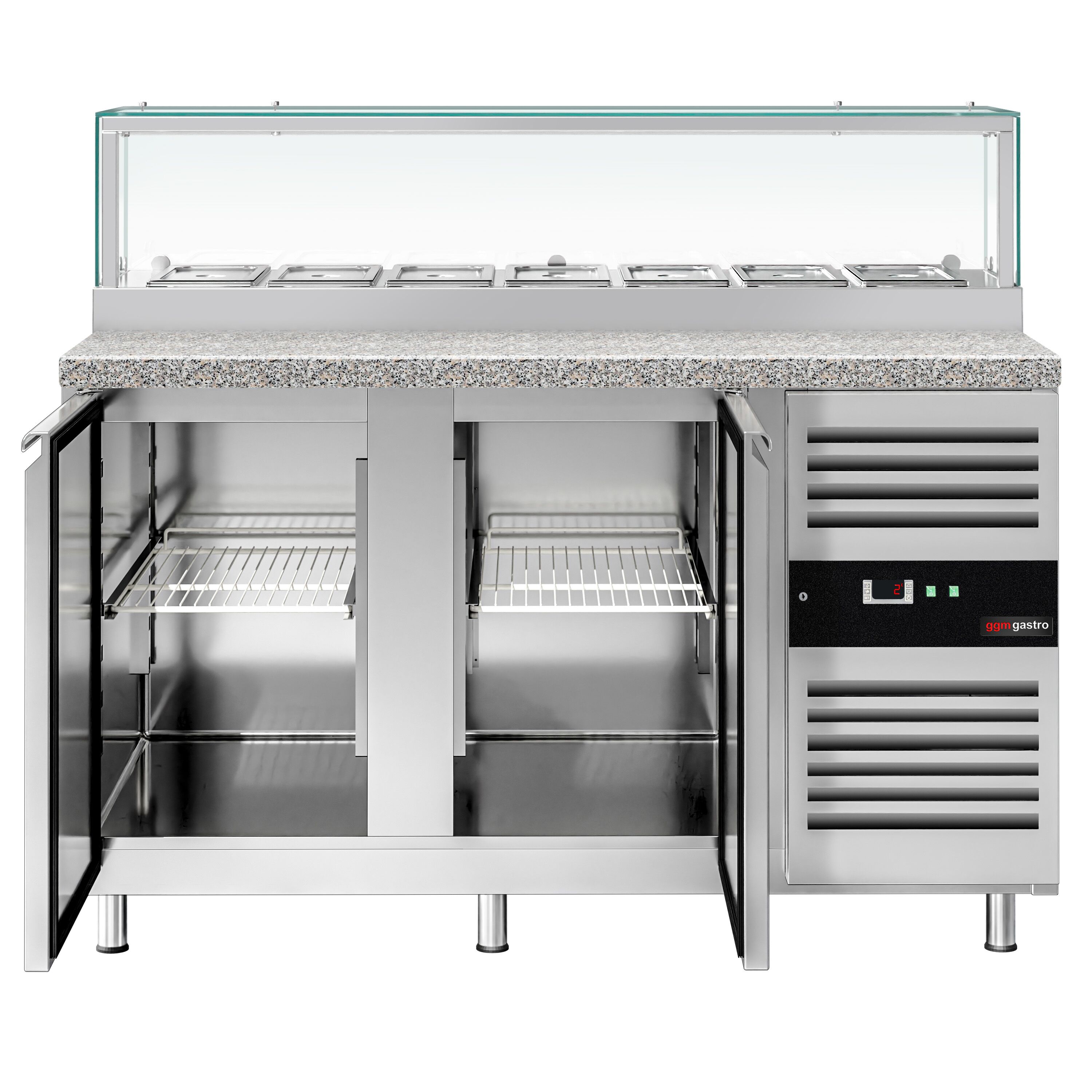 Saladette réfrigérée PREMIUM - 1510mm - 390L - 2 portes - avec vitrine de comptoir pour 7x GN 1/3 & 1 étagère - plan de travail en granit noir