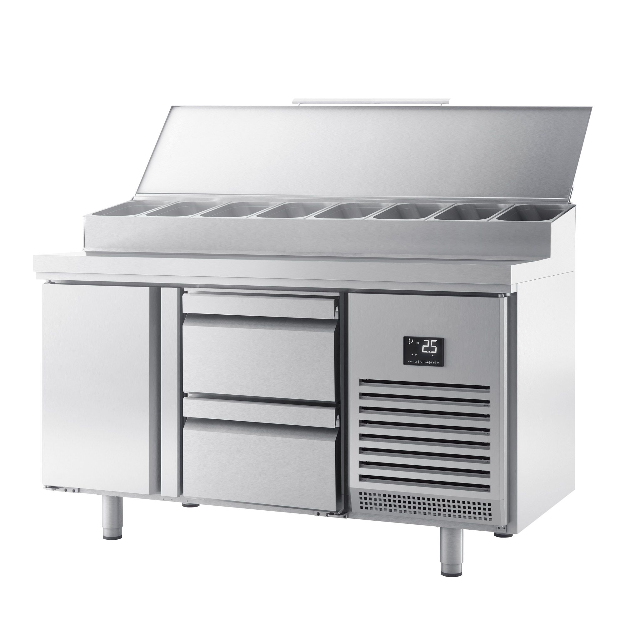 Table réfrigérée de préparation - 1468 x 600 mm - avec 1 porte et 2 tiroirs - avec superstructure en inox 8 x GN 1/4
