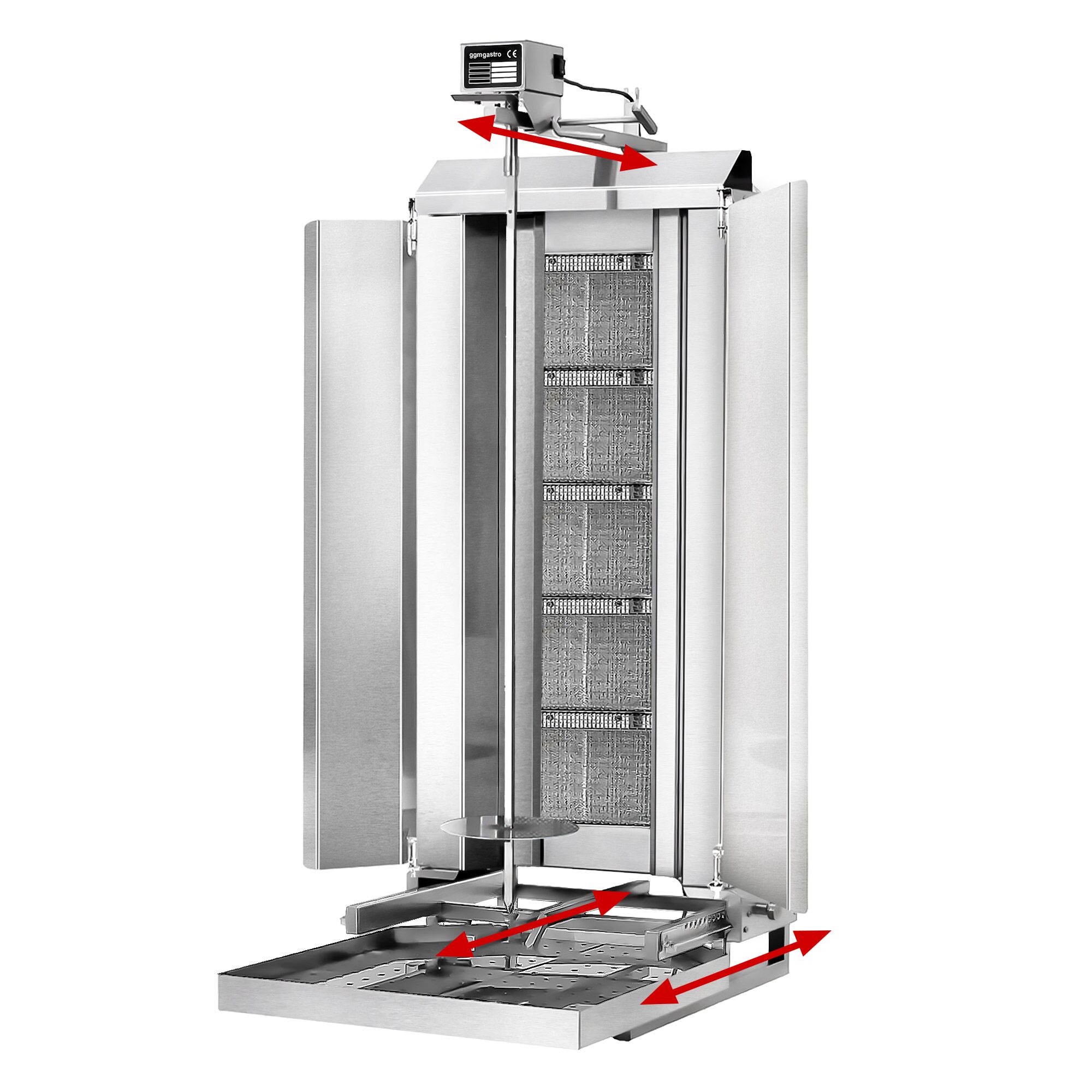 Machine à Kebab / Gril vertical à gaz - sur roulettes - 5 brûleurs - 16.25kW - pour 80kg de viande - livré avec 2 pare-graisses, 2 volets, 1 broche et un bac à graisse