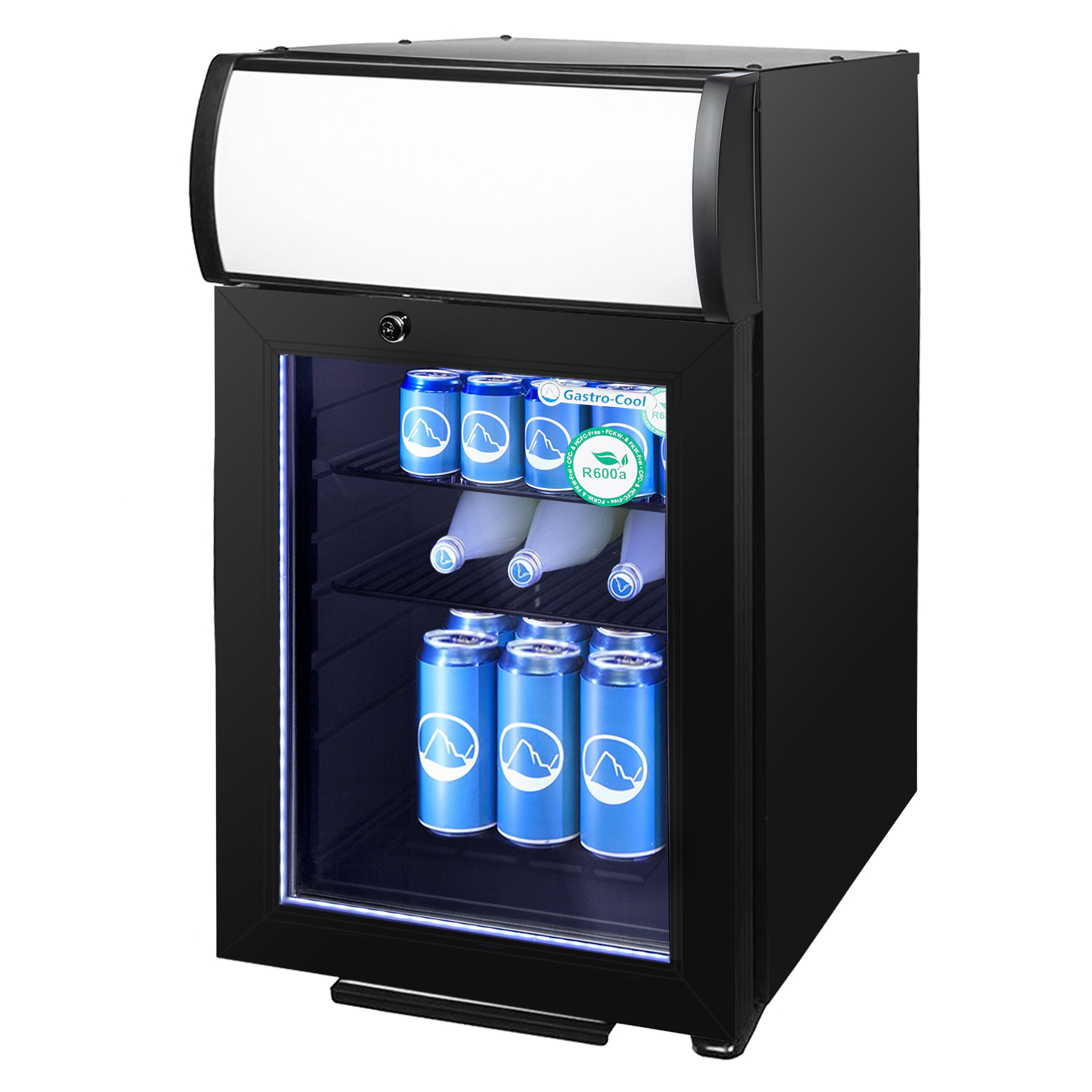 GASTRO-COOL | Réfrigérateur publicitaire avec enseigne lumineuse - 21 litres - avec 1 porte vitrée - Noir