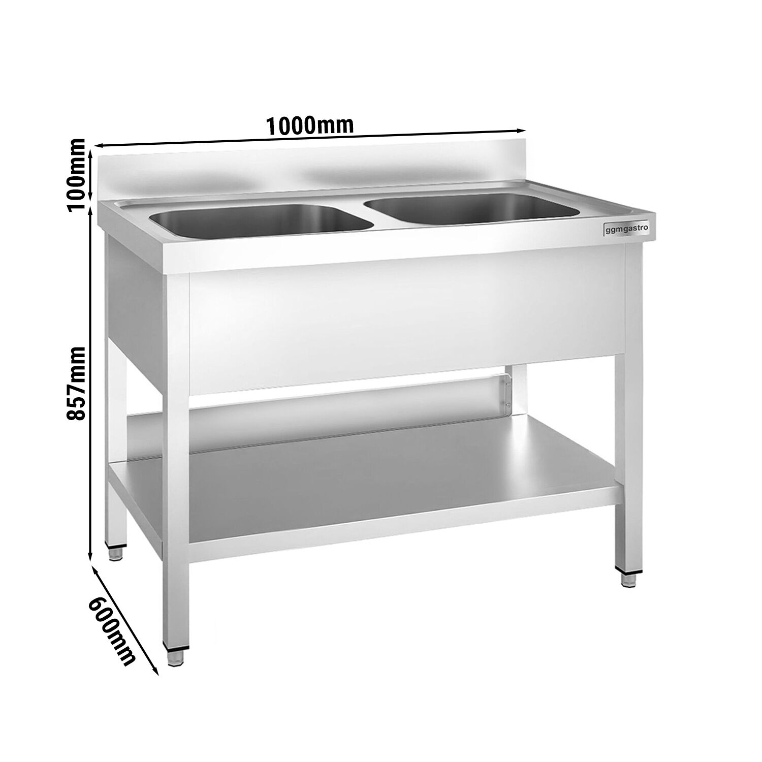Plonge en inox PREMIUM - 1000x600mm - avec étagère basse - 2 bacs au centre