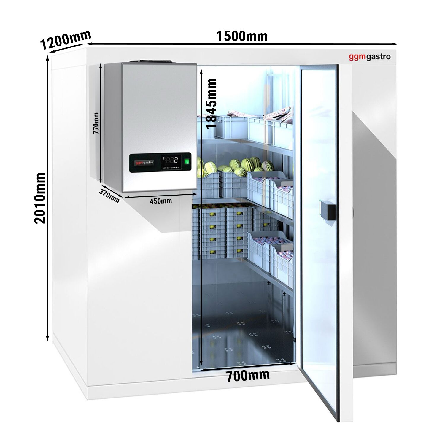 Chambre froide - 1500 x 1200 mm - 2,6 m³ - groupe frigorifique inclus