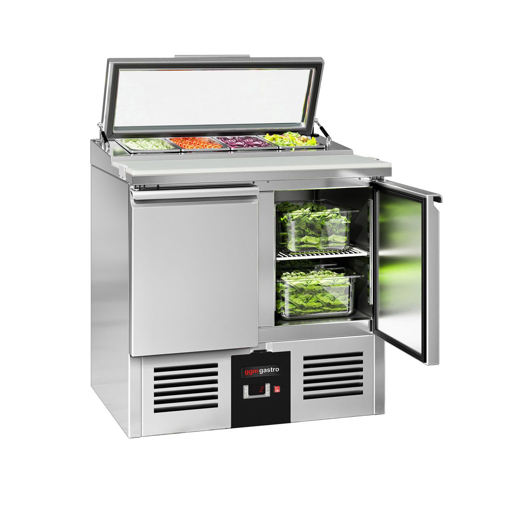 Saladette réfrigérée PREMIUM - 900mm - 159L - 2 portes - avec découpe pour 4x GN 1/3 & Couvercle verre