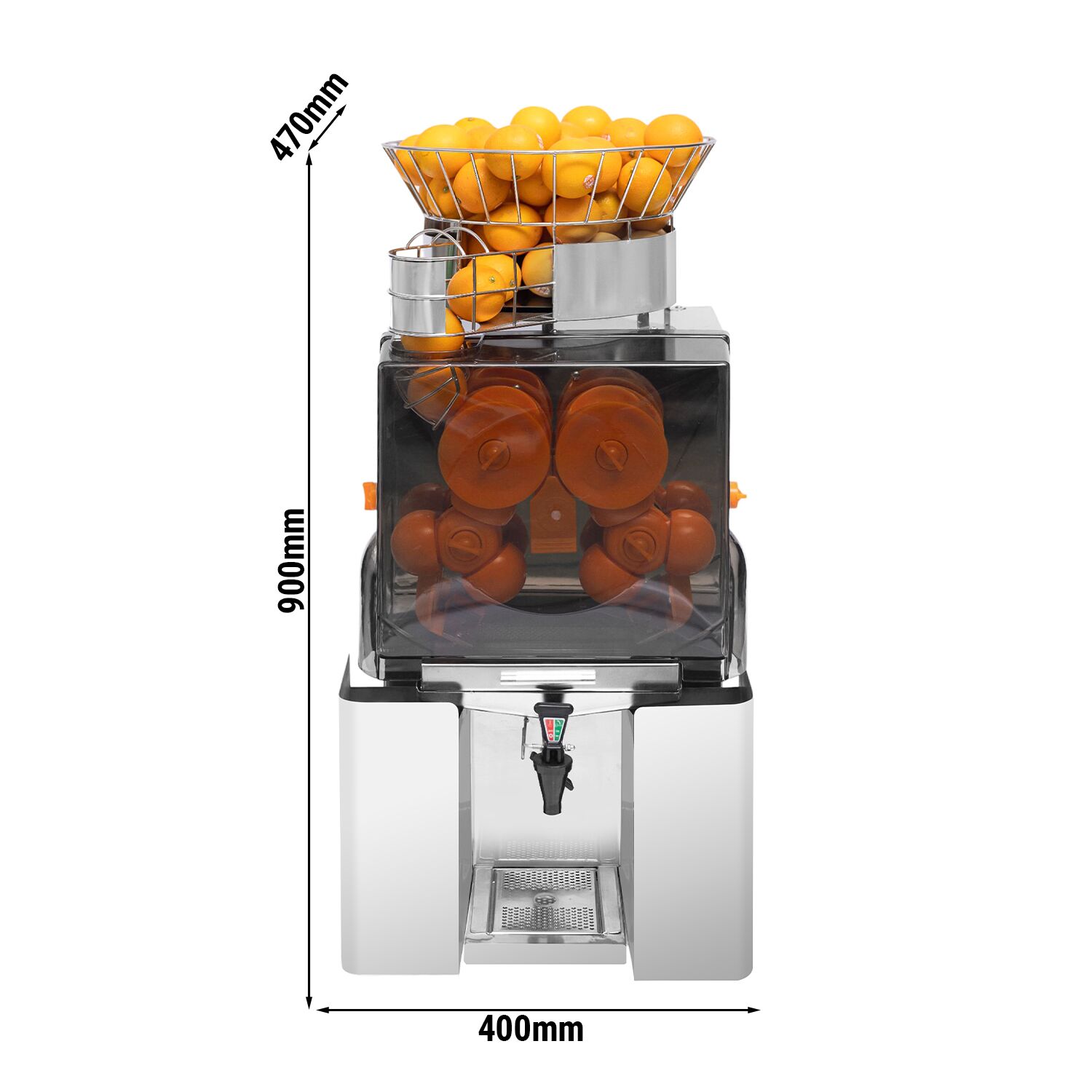 Automatische citruspers - 25 vruchten/min - Ø60-80mm - 200W - met automatische fruittoevoer, selfservice-tapkraan, veiligheidsschakelaars & afneembare frontafdekking - RVS