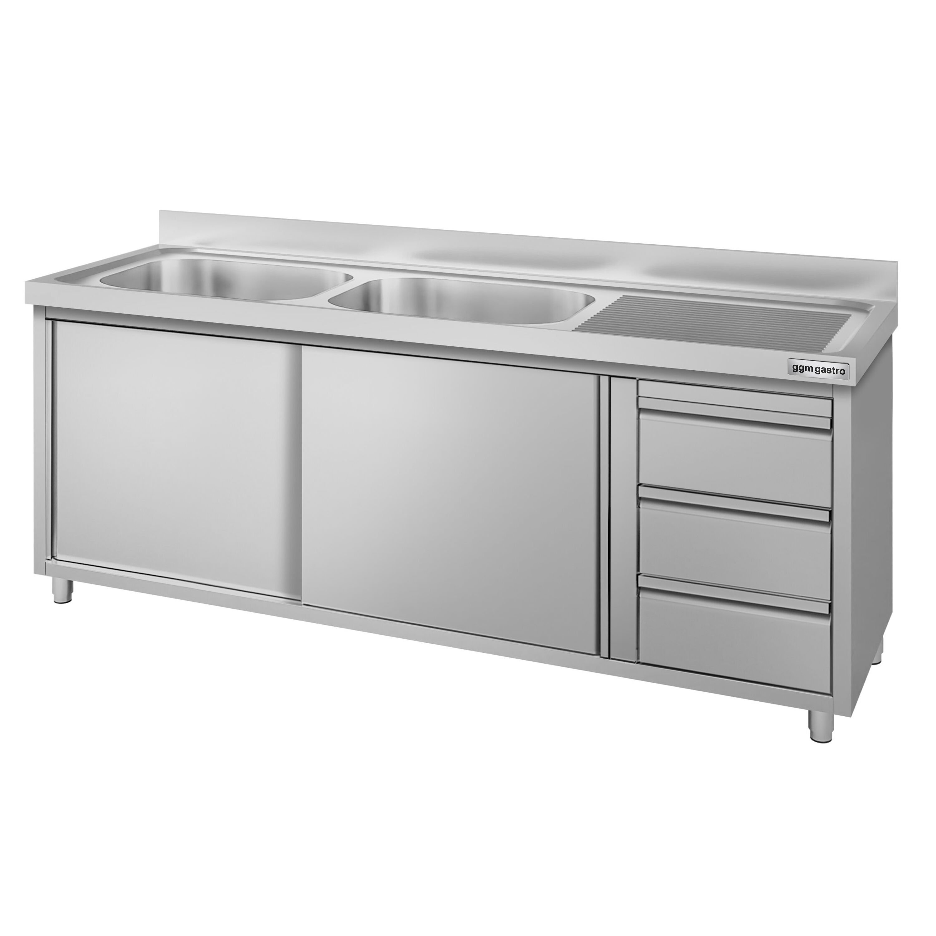 Meuble évier ECO - 2000 x 600 mm - avec 3 tiroirs & 2 bacs à gauche