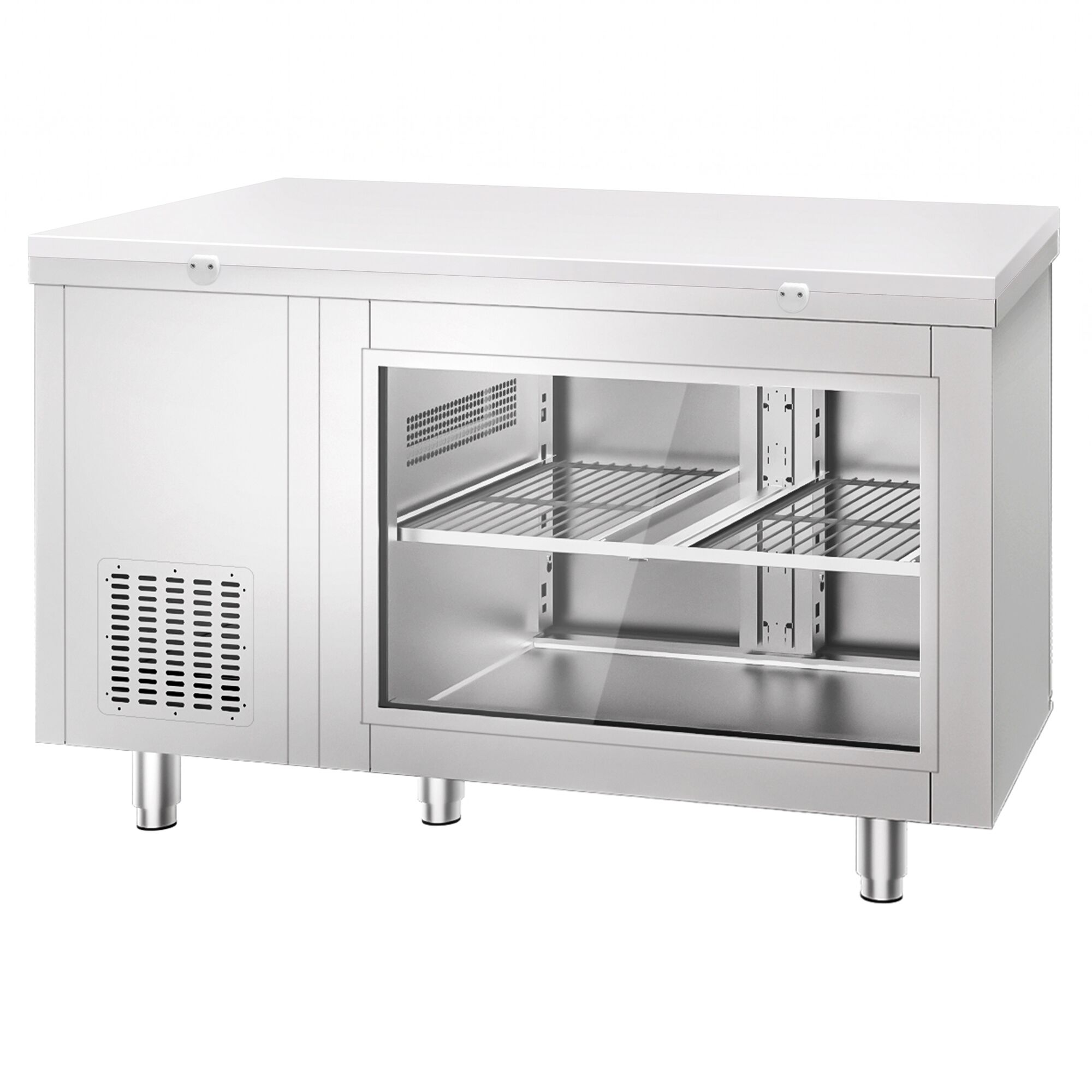 Refrigerated Counter – 1400 × 700 mm – Rear Side with 2 Doors – Glass Front – incl. White Cutting Board