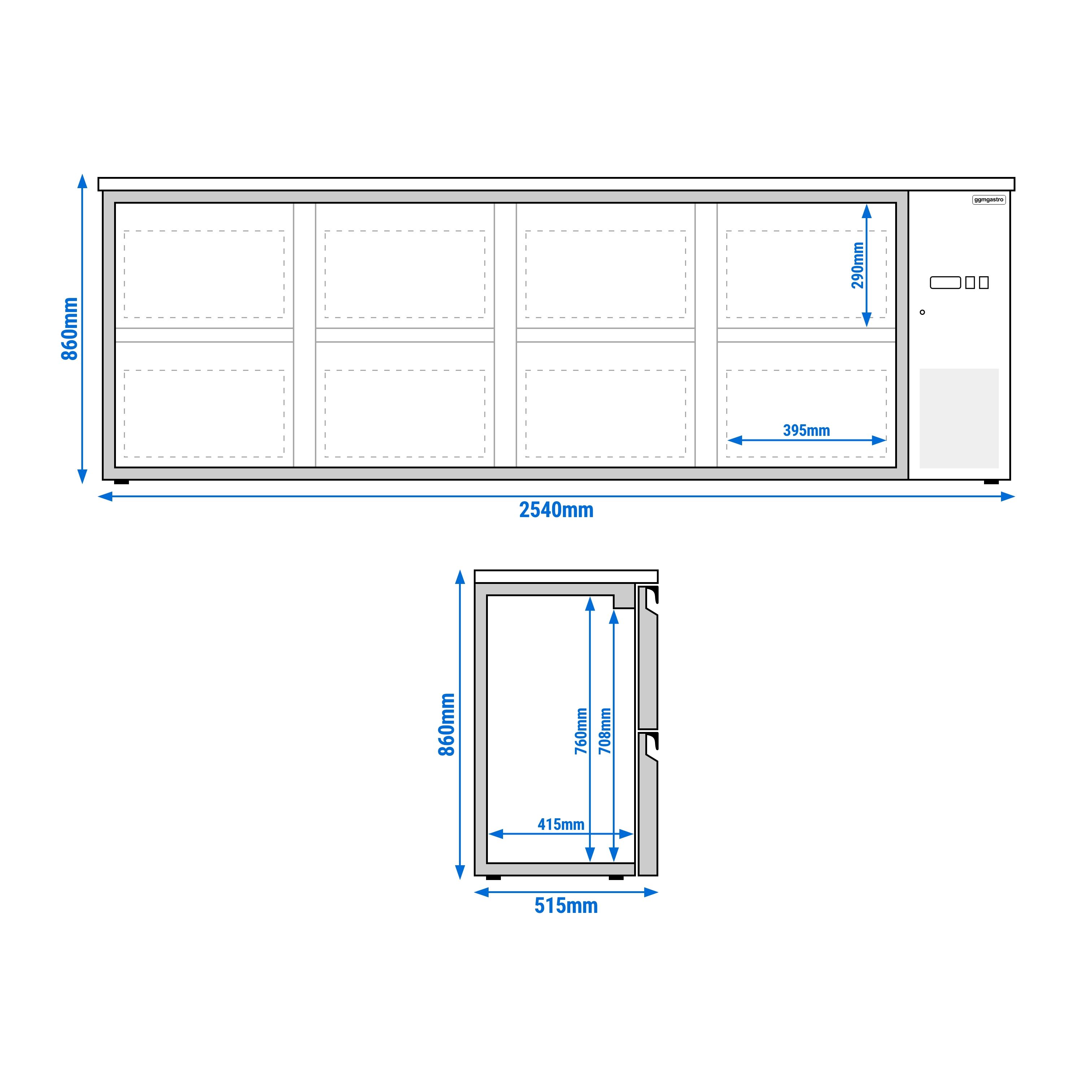 Bar- & Getränkekühltisch Premium - 2540mm - mit 8 Glasschubladen & RGB-LED Licht