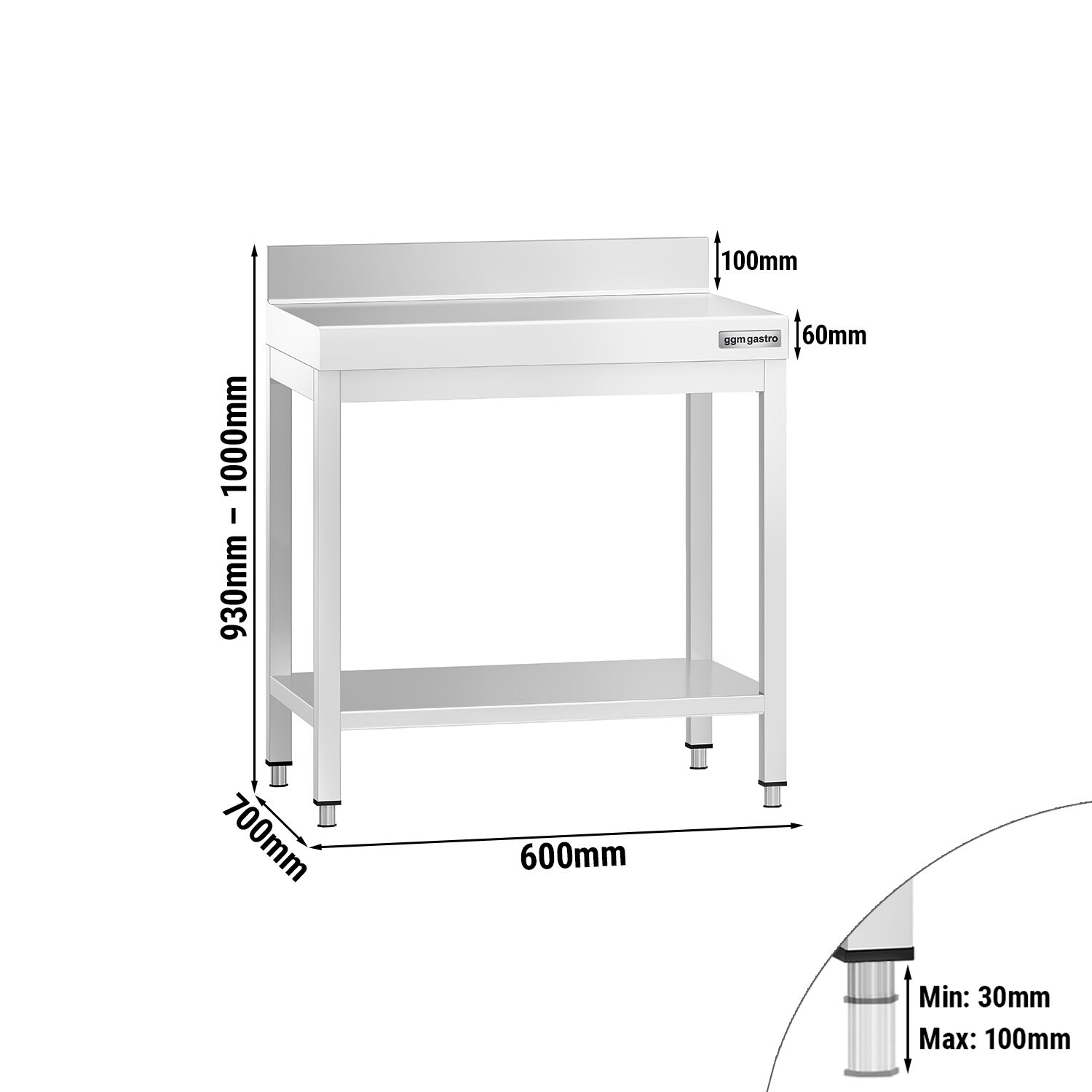 Table de travail inox PREMIUM - 600 x 700 mm - avec tablette inférieure & Dosseret