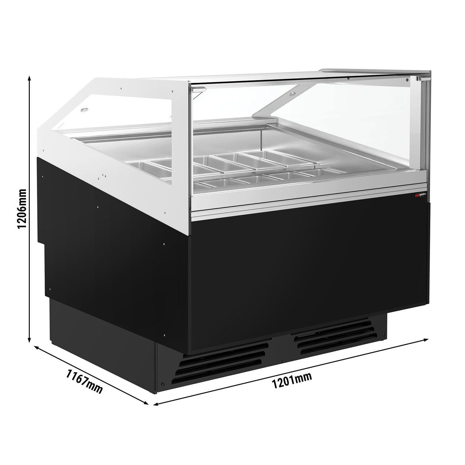 Vitrine à glace ADAM – 1200 mm – refroidissement ventilé – pour 12 bacs à glace de 5 litres ou 8 bacs de 7 litres – Noir