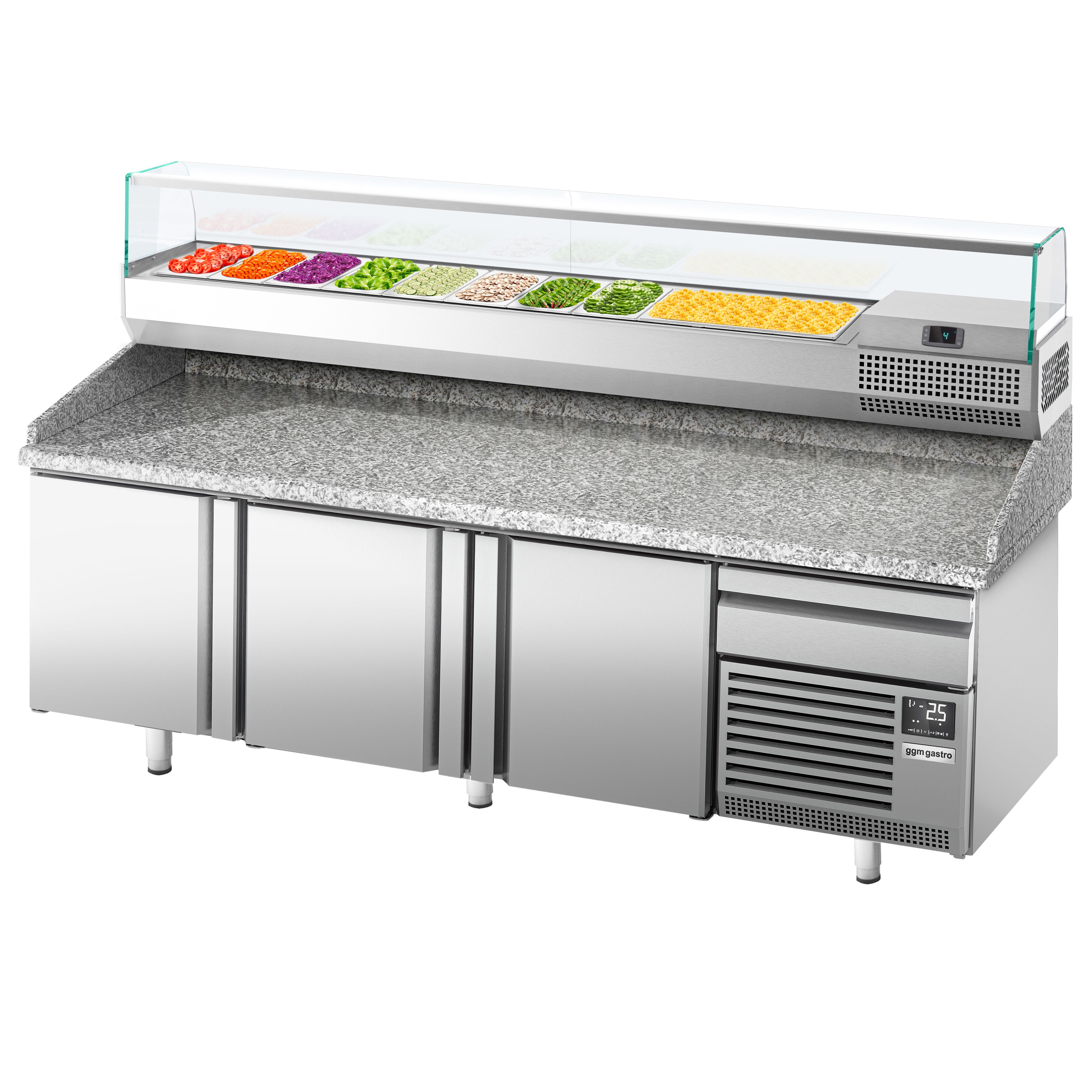 Table réfrigérée à pizza Premium PLUS - 2305 x 800 mm - avec 3 portes & 1 tiroir - incl. vitrine réfrigérée de présentation - 10x GN 1/3