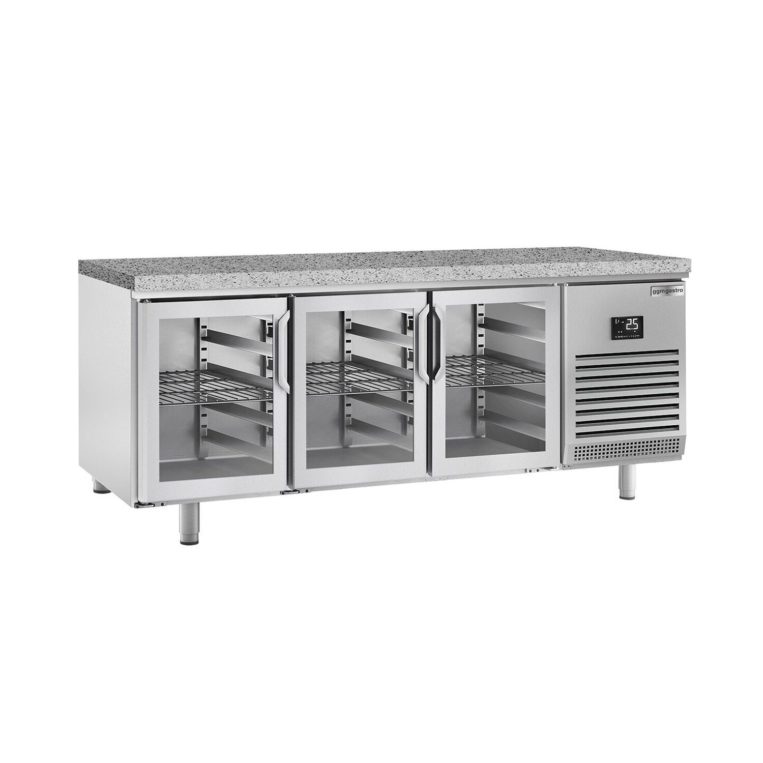 Table réfrigérée de boulangerie PREMIUM PLUS - 2185x800 mm - 3 portes vitrées & plan de travail en granit